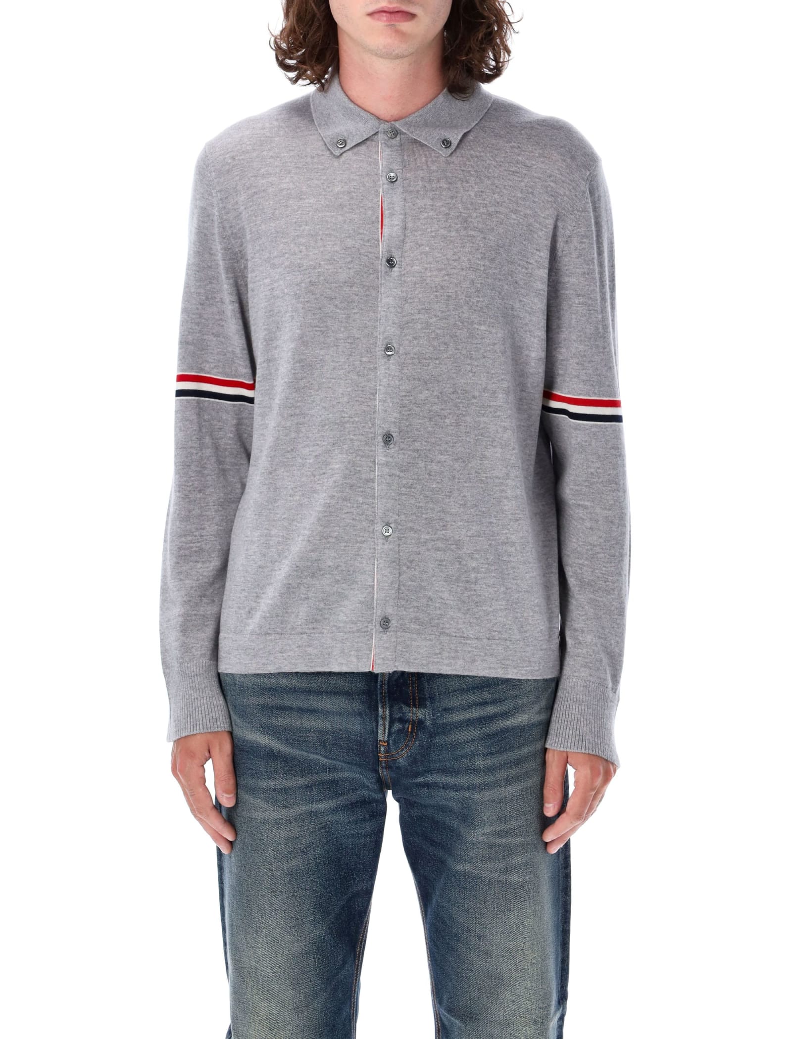 Shop Thom Browne Jersey Stitch Button Down Sweater In Lt Grey