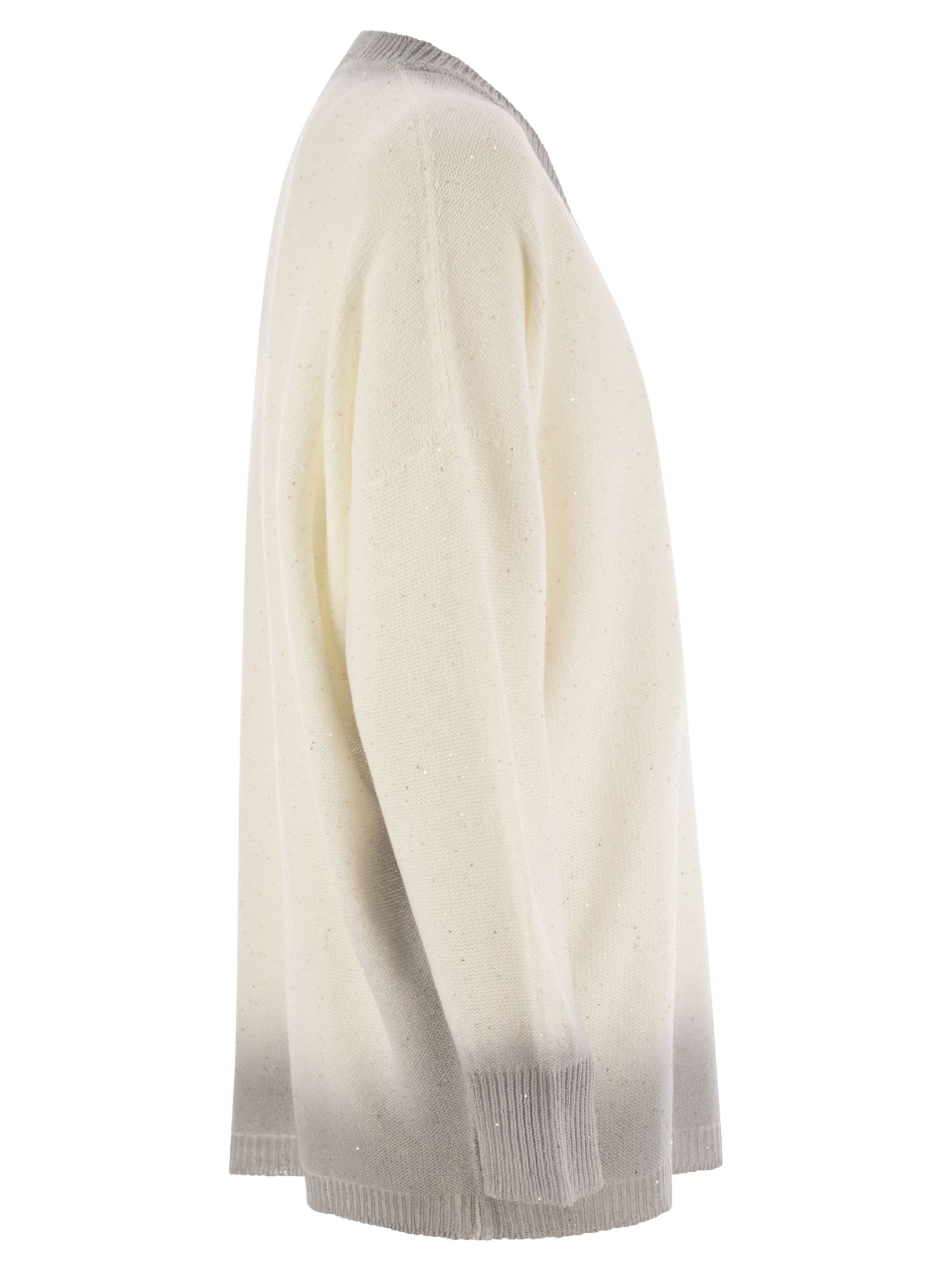Fabiana Filippi Gradient Effect White Sweater With Deep V-neckline In Bianco