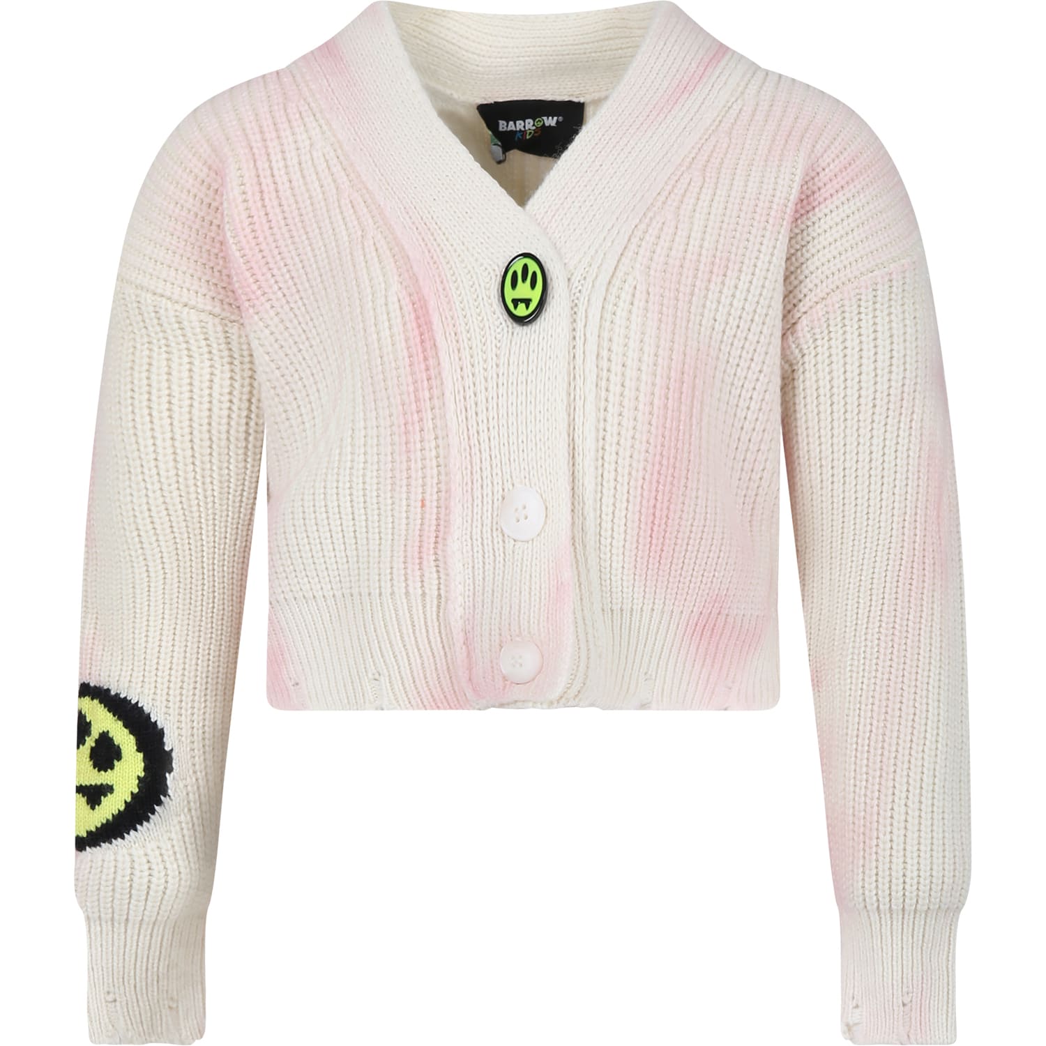 Barrow Kids' Ivory Cardigan For Girl With Logo And Smiley In Rosa
