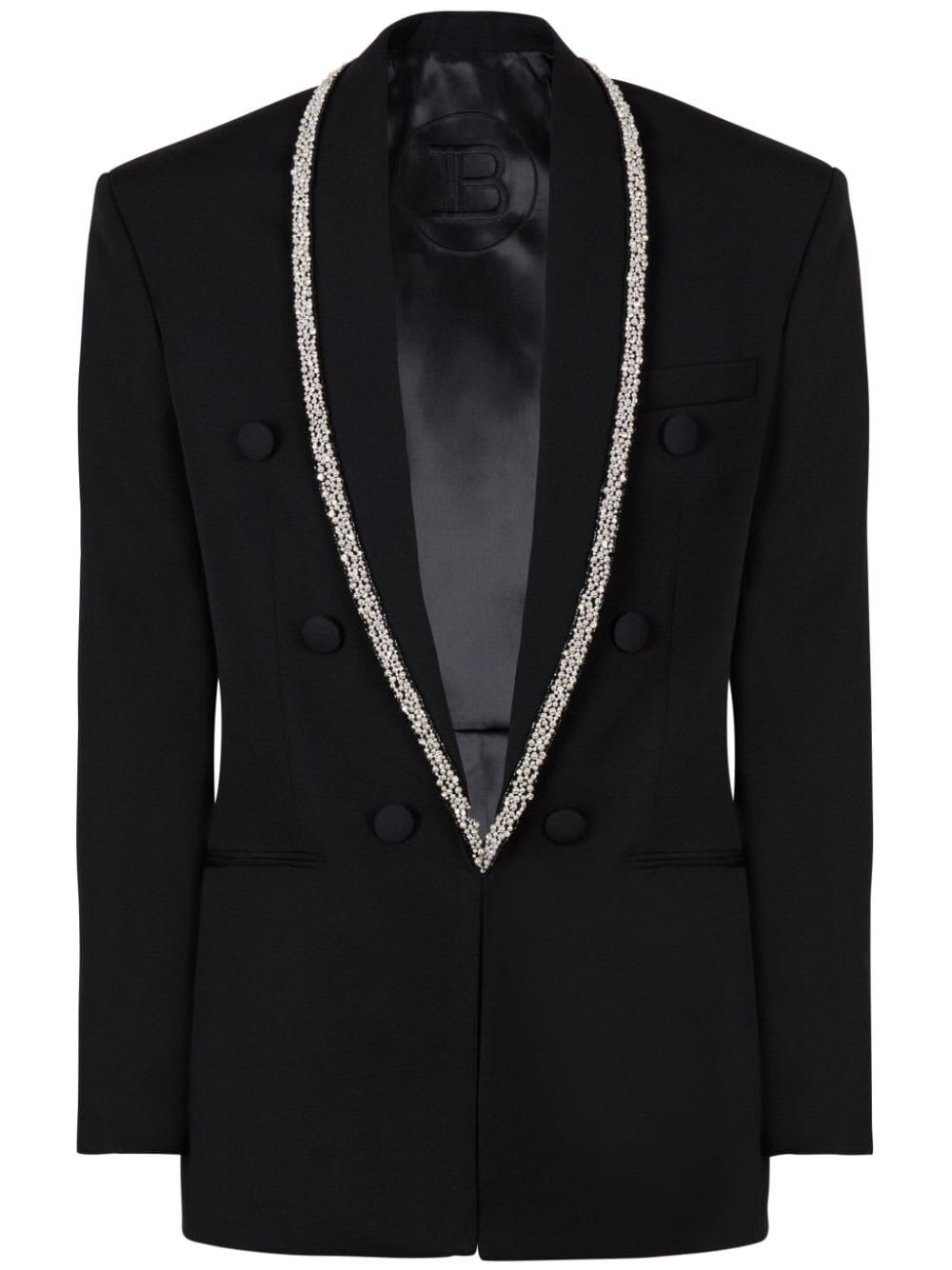 Shop Balmain Strass Piping Gdp Shawl Collar Jacket In Ehv Black Kristal