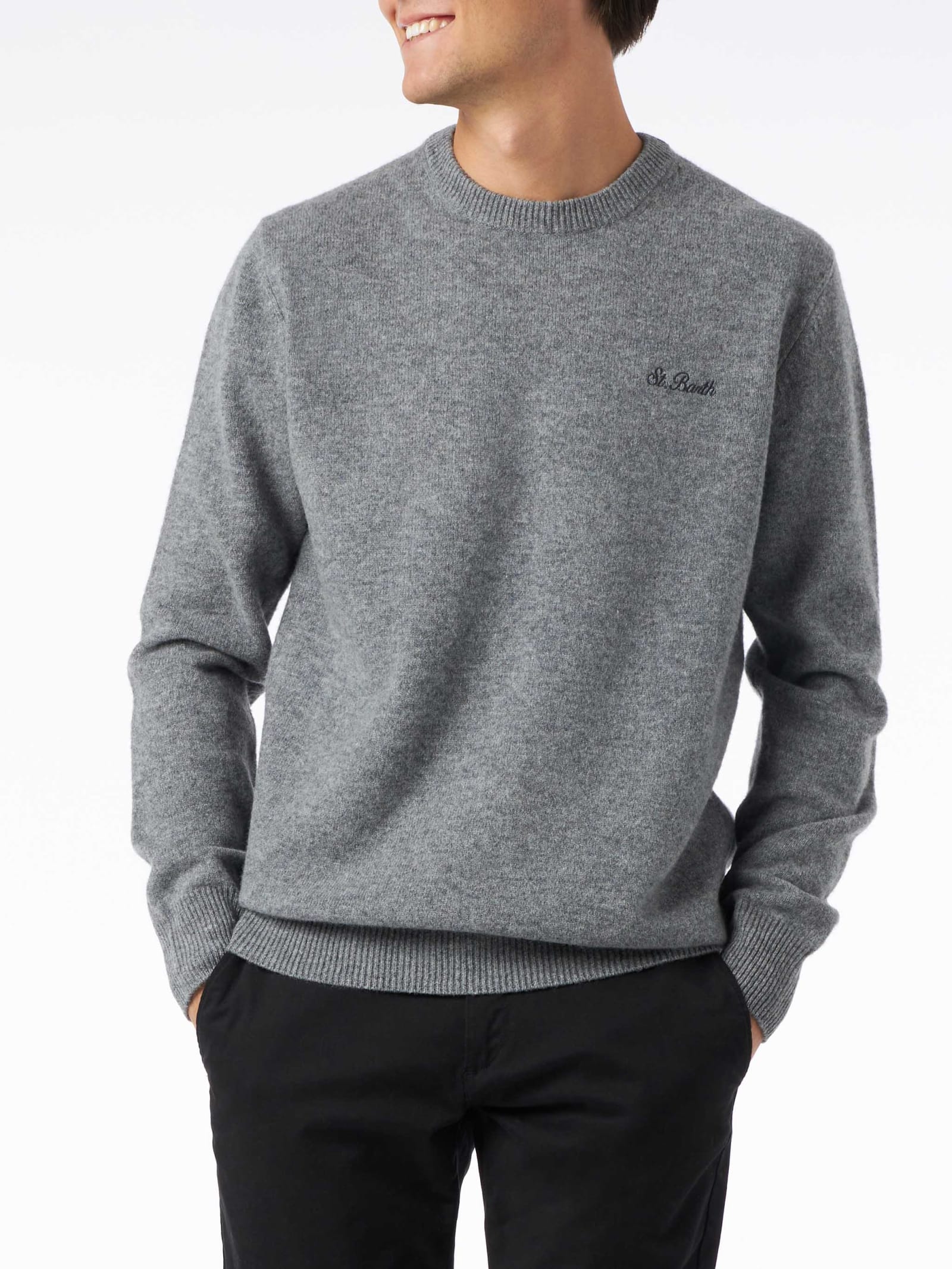 Mc2 Saint Barth Man Crewneck Grey Sweater With St. Barth Embroidery In Grey