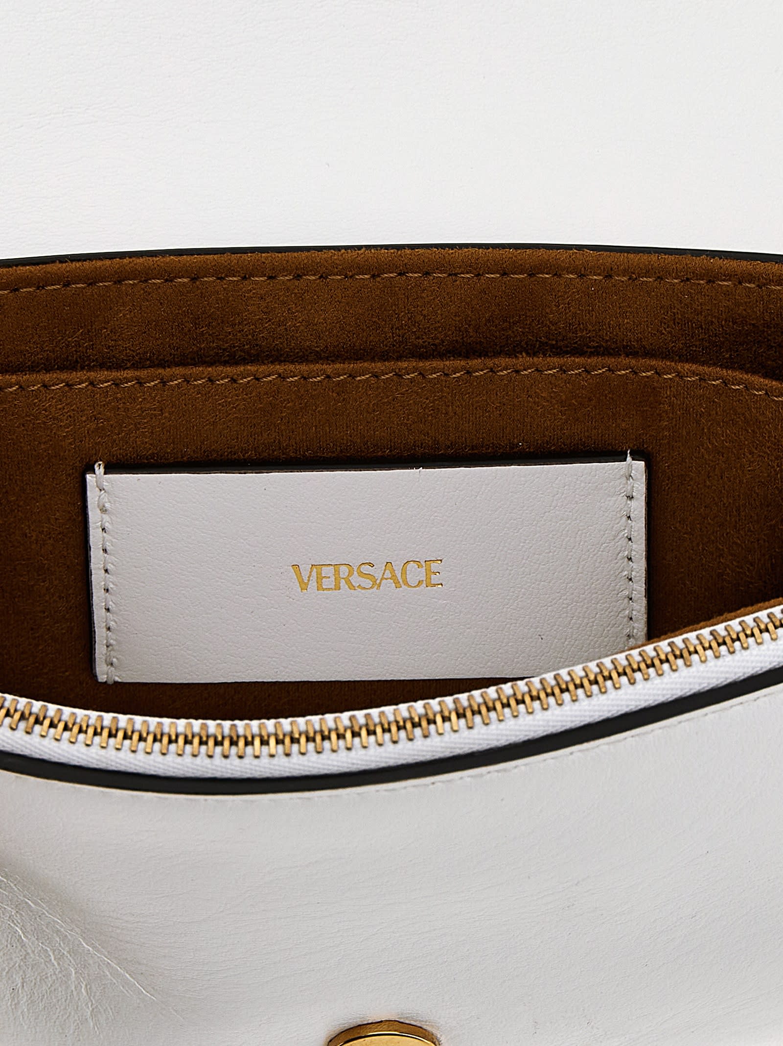 Versace Mini Tag Crossbody Bag In White
