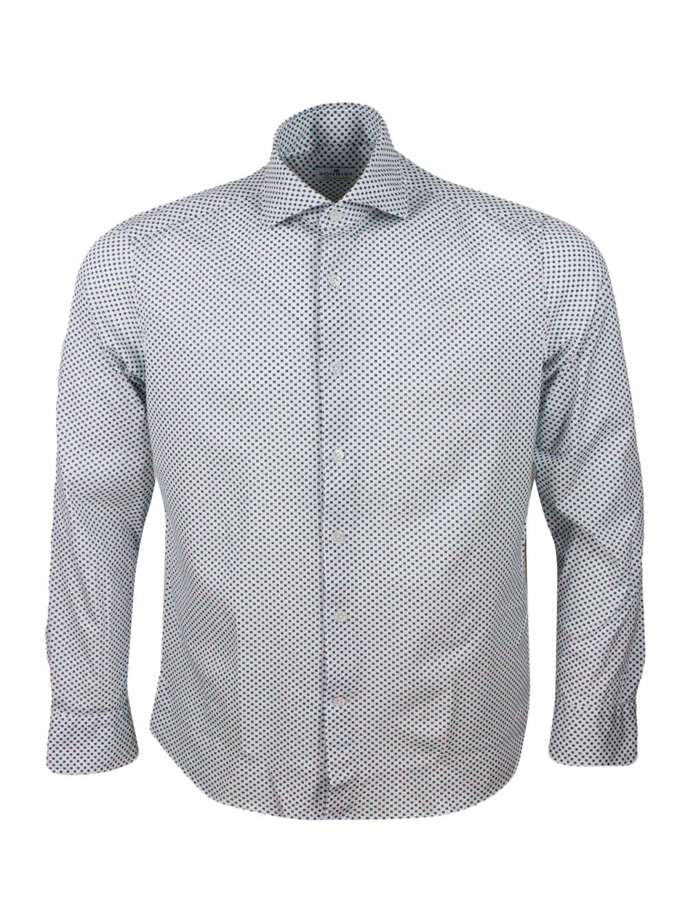 SONRISA LUXURY SHIRT IN SOFT, PRECIOUS AND VERY FINE STRETCH COTTON FLOWER WITH FRENCH COLLAR IN SMALL BLUE 
