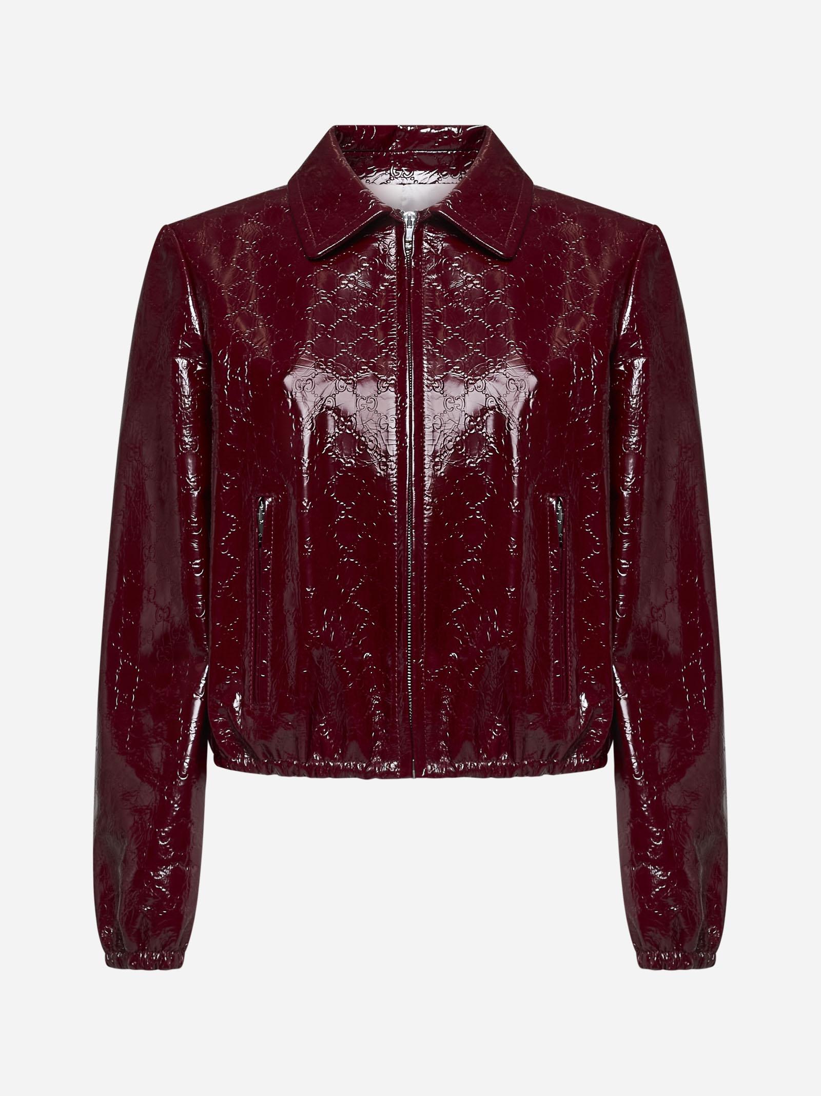 Gucci Women Oversized Leather Jacket With Embossed Gg In Burgundy