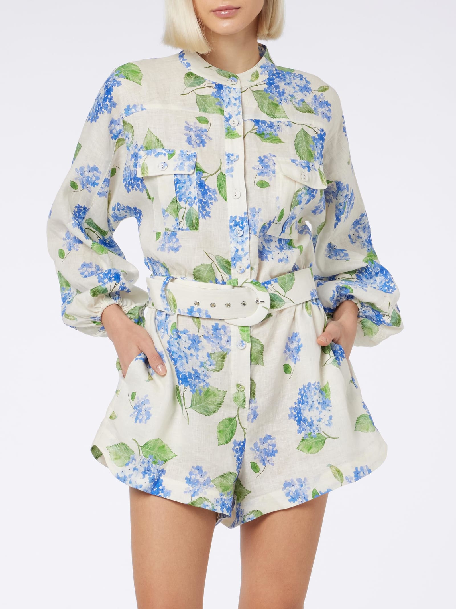 Shop Mc2 Saint Barth Woman Floral Linen Playsuit Hanniel In Sky