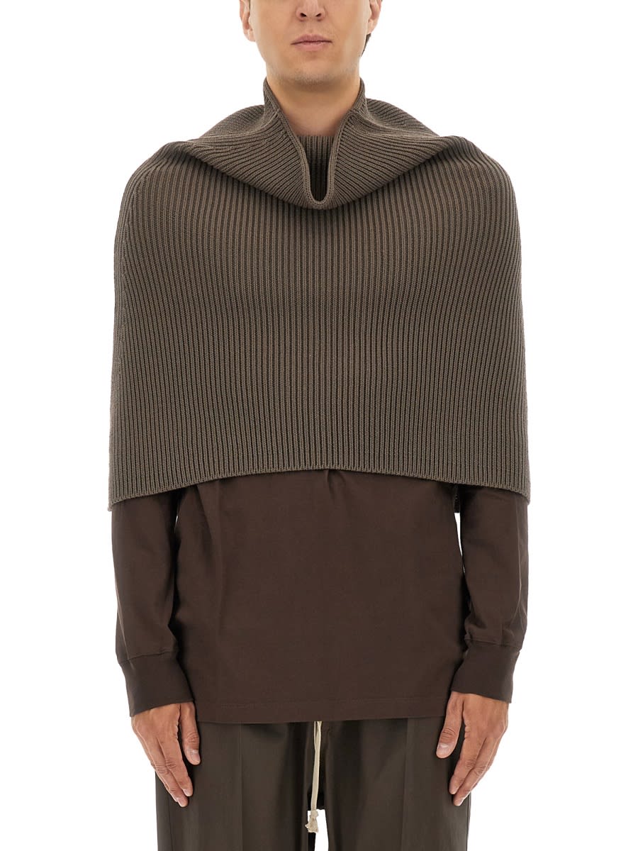 Rick Owens Ribbed Knitted Cape With Structured Collar In Gray
