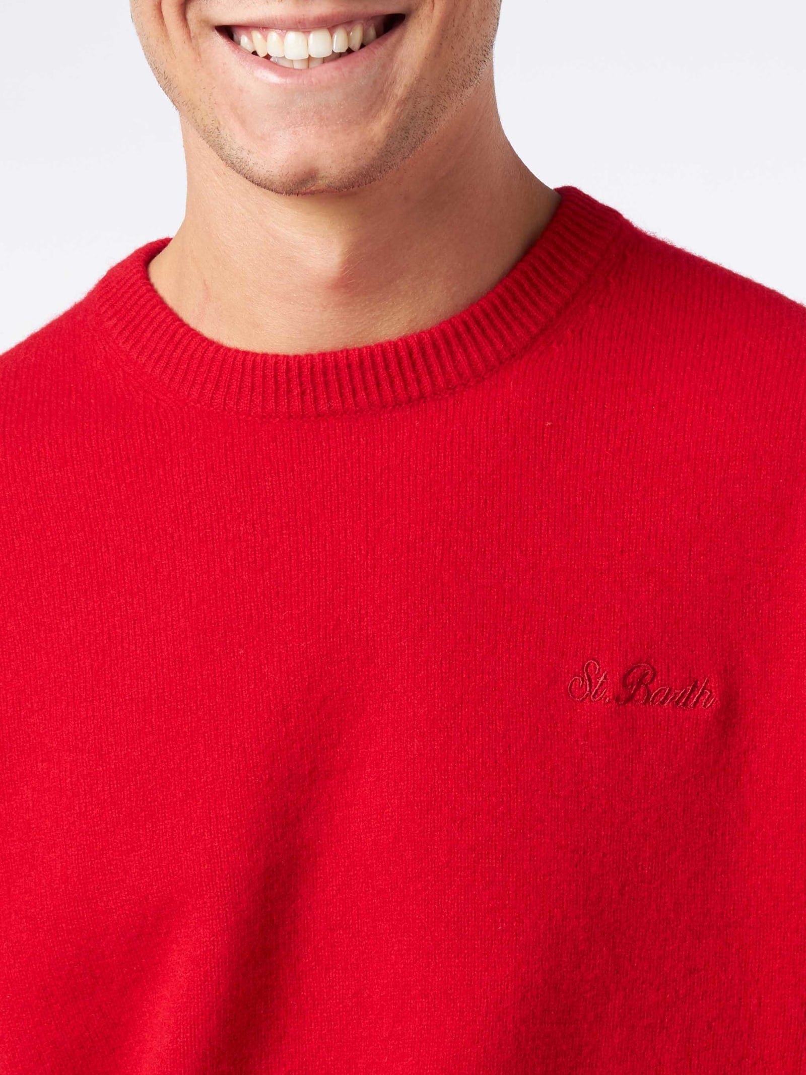 Mc2 Saint Barth Man Crewneck Red Sweater With St. Barth Embroidery In Red