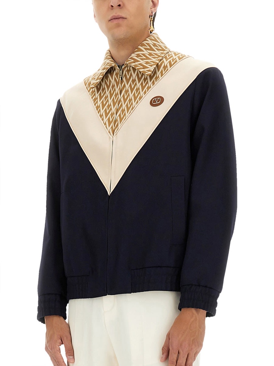 Valentino Wool And Cotton Jacket With Chevron Pattern In Blue