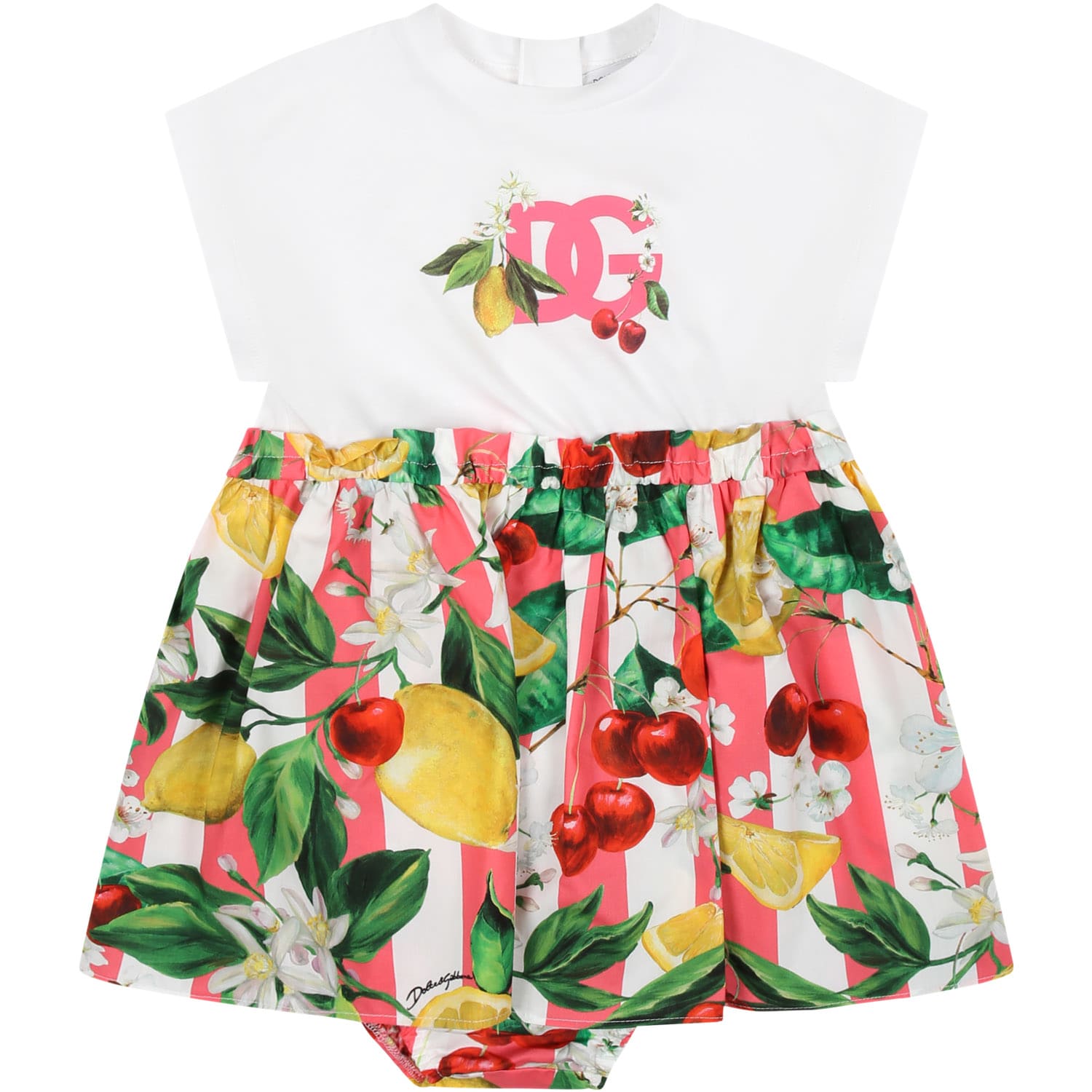 Dolce & Gabbana White Dress For Baby Girl With All-over Multicolor Fruits And Flowers
