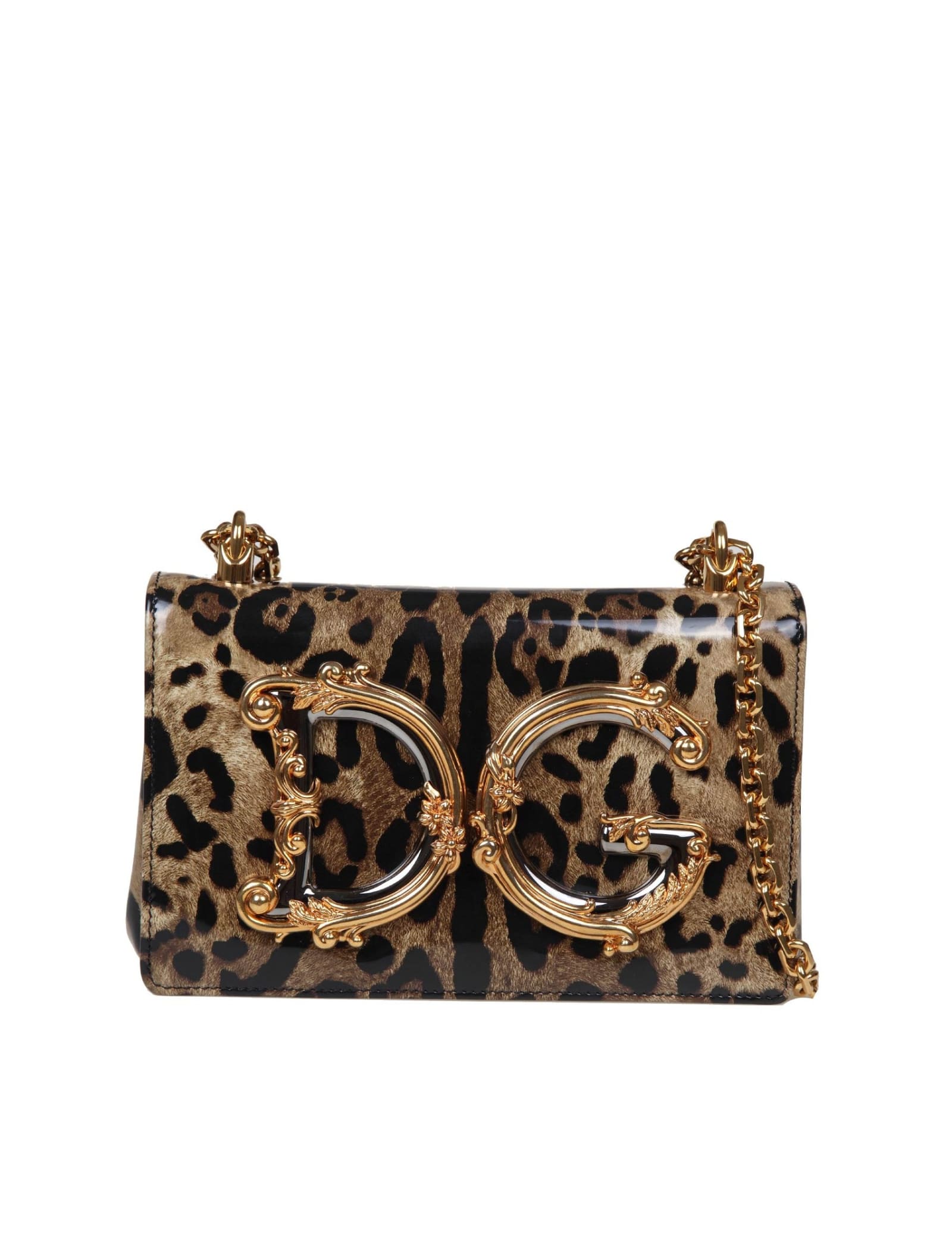 Shop Dolce & Gabbana Dg Girls Shoulder Bag In Leopard-print Shiny Calfskin