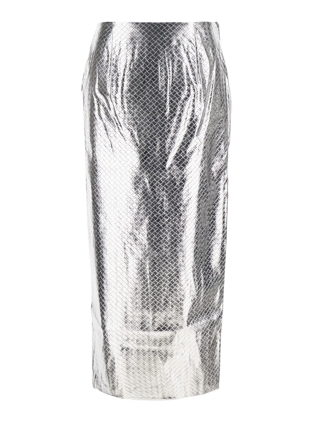 Metallic Midi Pencil Skirt With Rear Single Slit And Embossed Design In Tech Fabric Woman