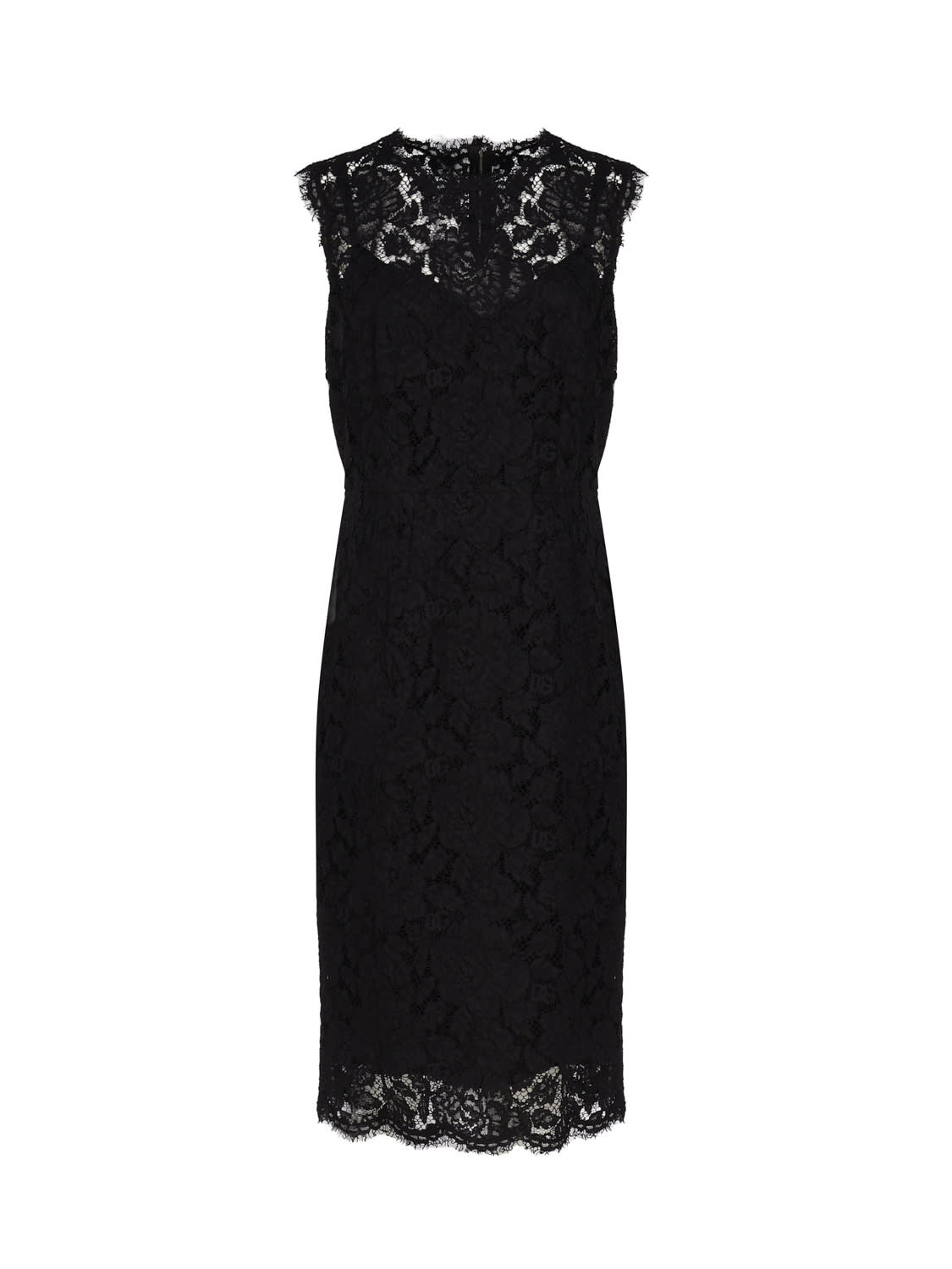 Shop Dolce & Gabbana Longuette Dress In Logoed Stretch Lace In Black