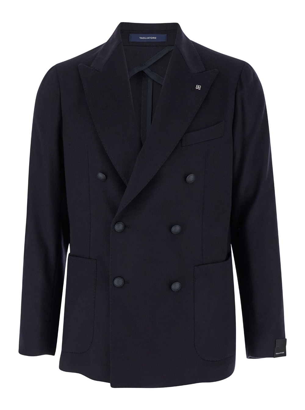 Shop Tagliatore Montecarlo Blue Double-breasted Jacket With Logo Pin In Tech Wool Man