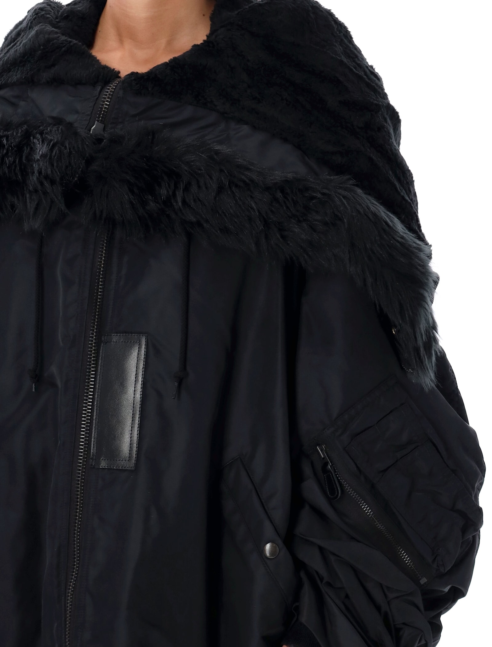 Shop Junya Watanabe Oversized Bomber Jacket With Faux Fur Collar In Black