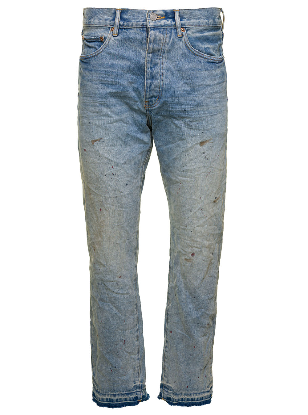 purple brand light blue straight jeans with used and crumpled effect in stretch cotton denim man