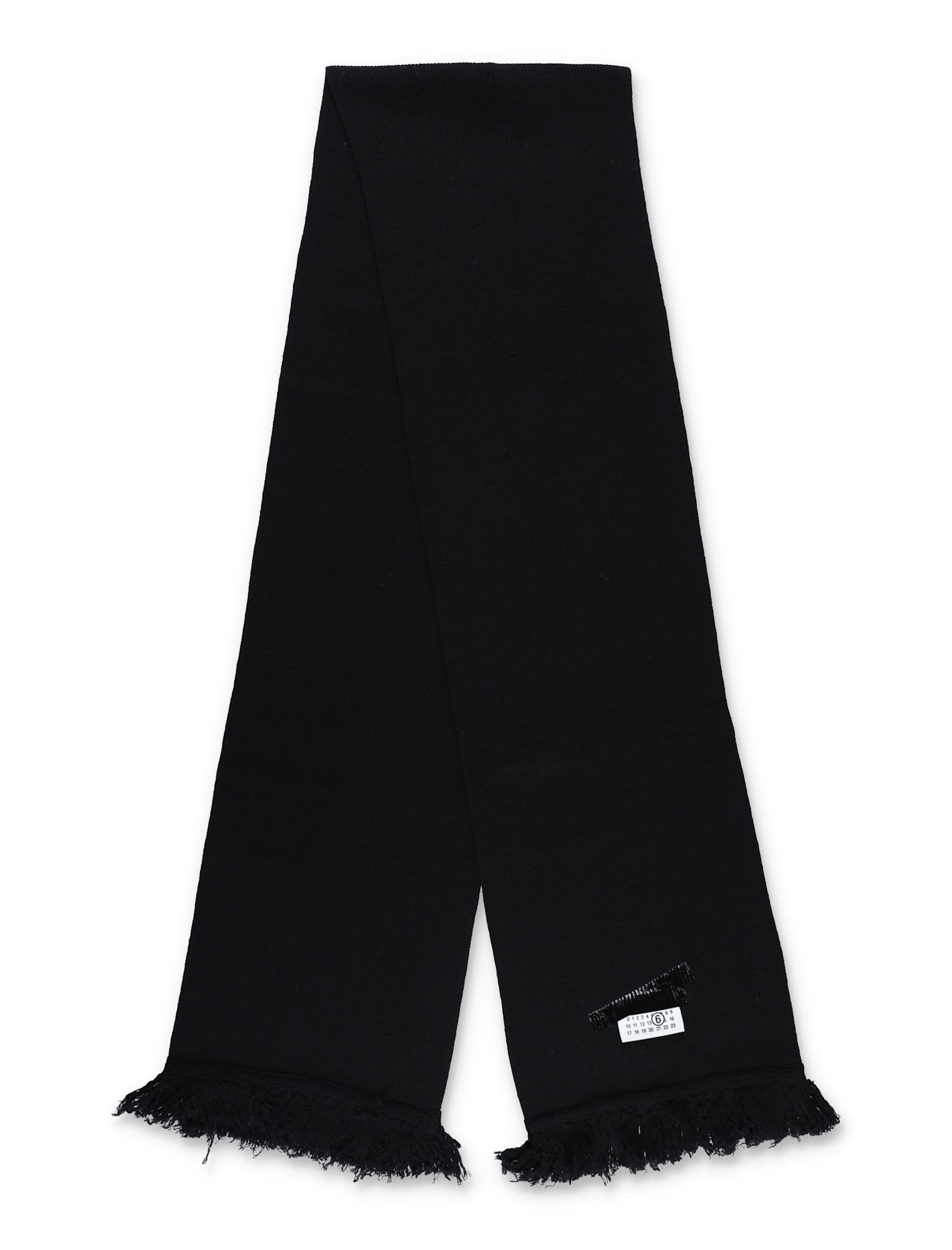 Mm6 Maison Margiela Fringed Wool Scarf With Logo Patch In Black