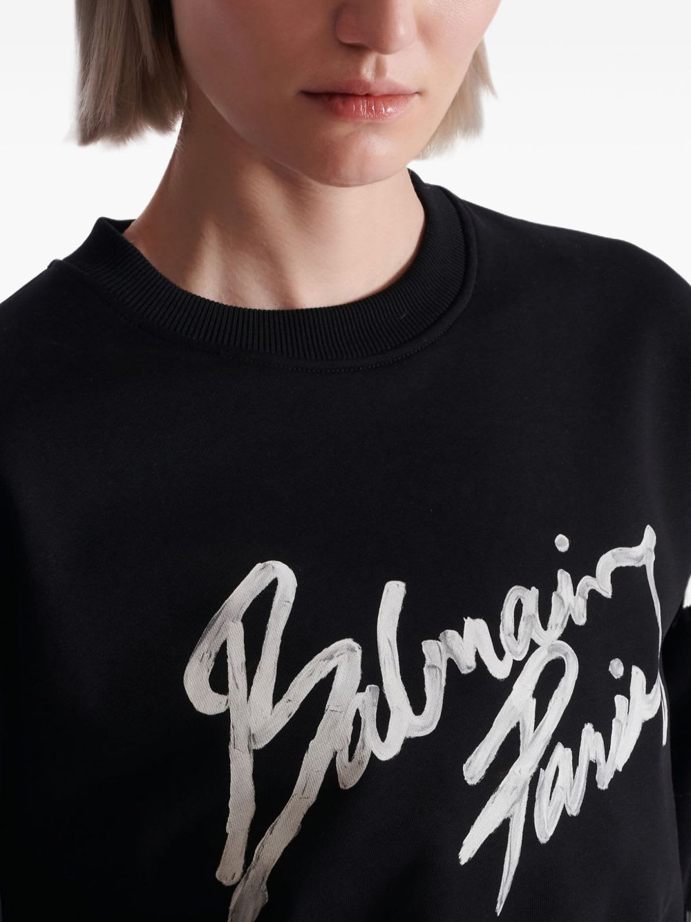 Balmain Cropped Printed Cotton Sweatshirt In Black