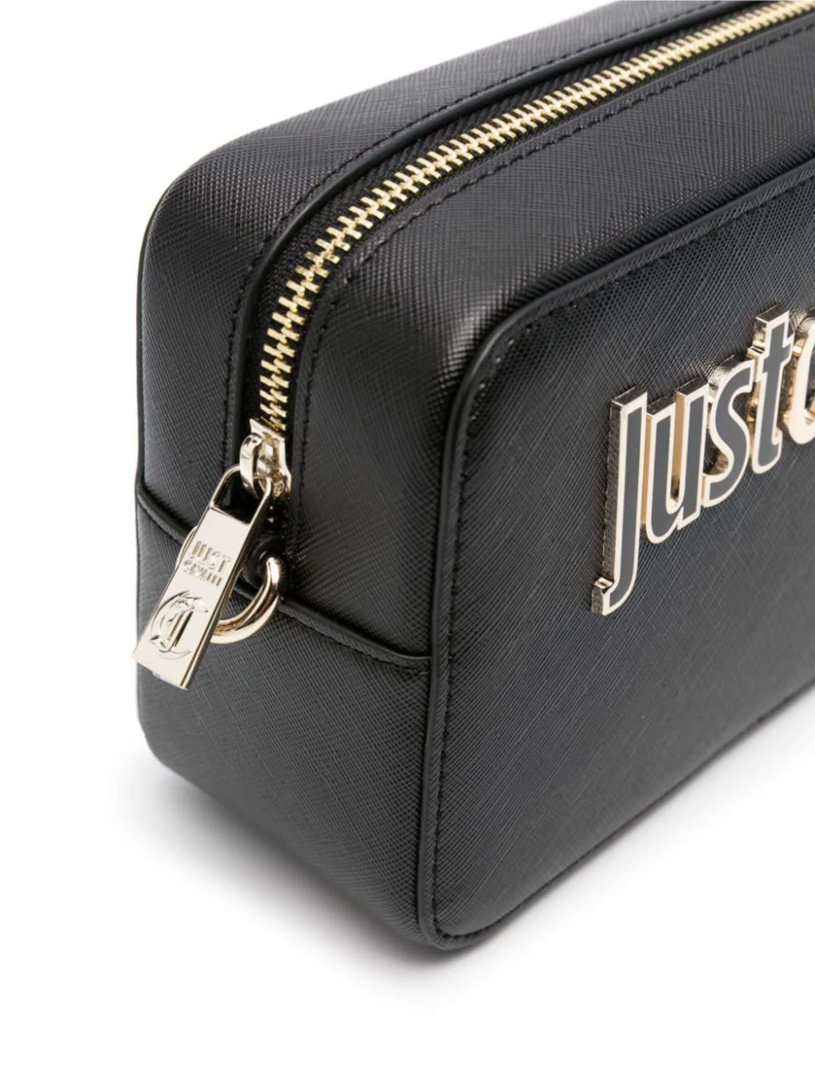 Just Cavalli Sleek Black Shoulder Bag With Signature Logo And Practical Zipper Closure In Black
