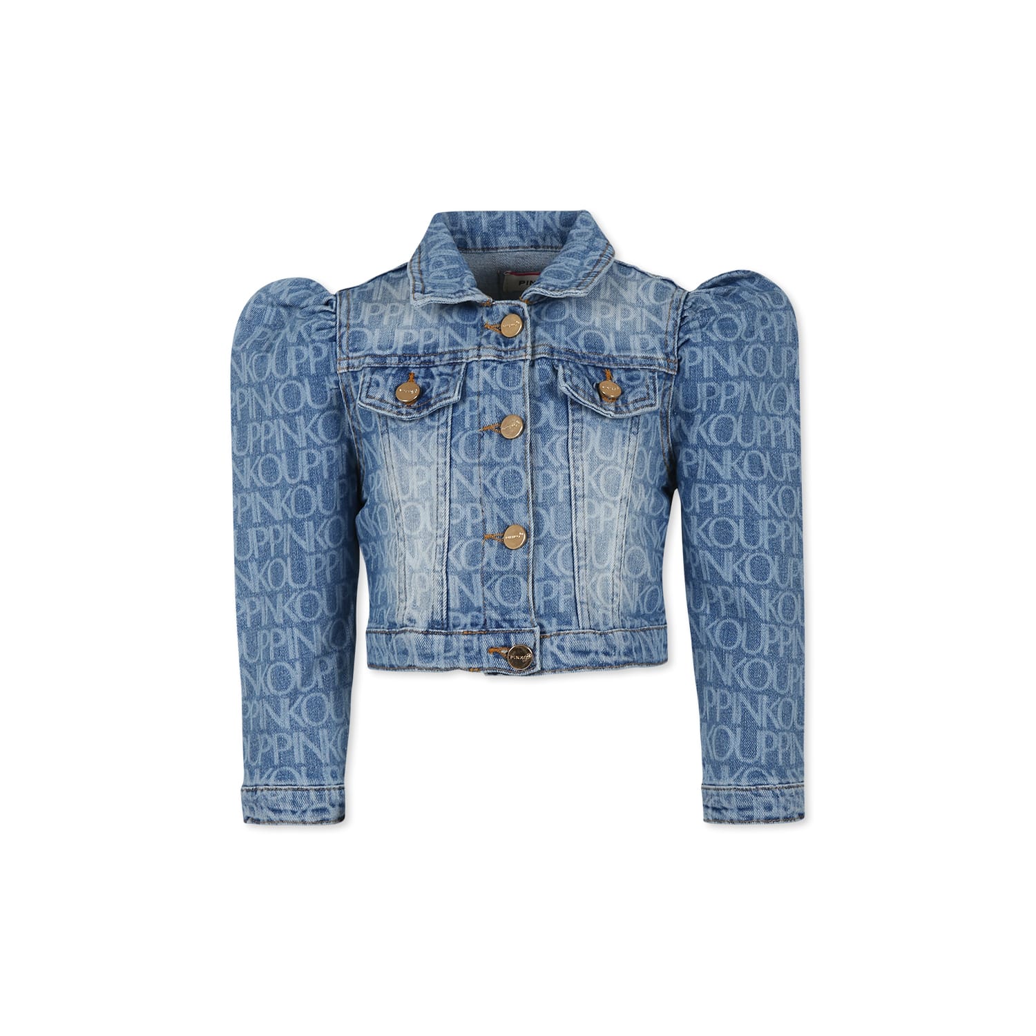 PINKO BLUE CROPPED DENIM JACKET FOR GIRL WITH LOGO 