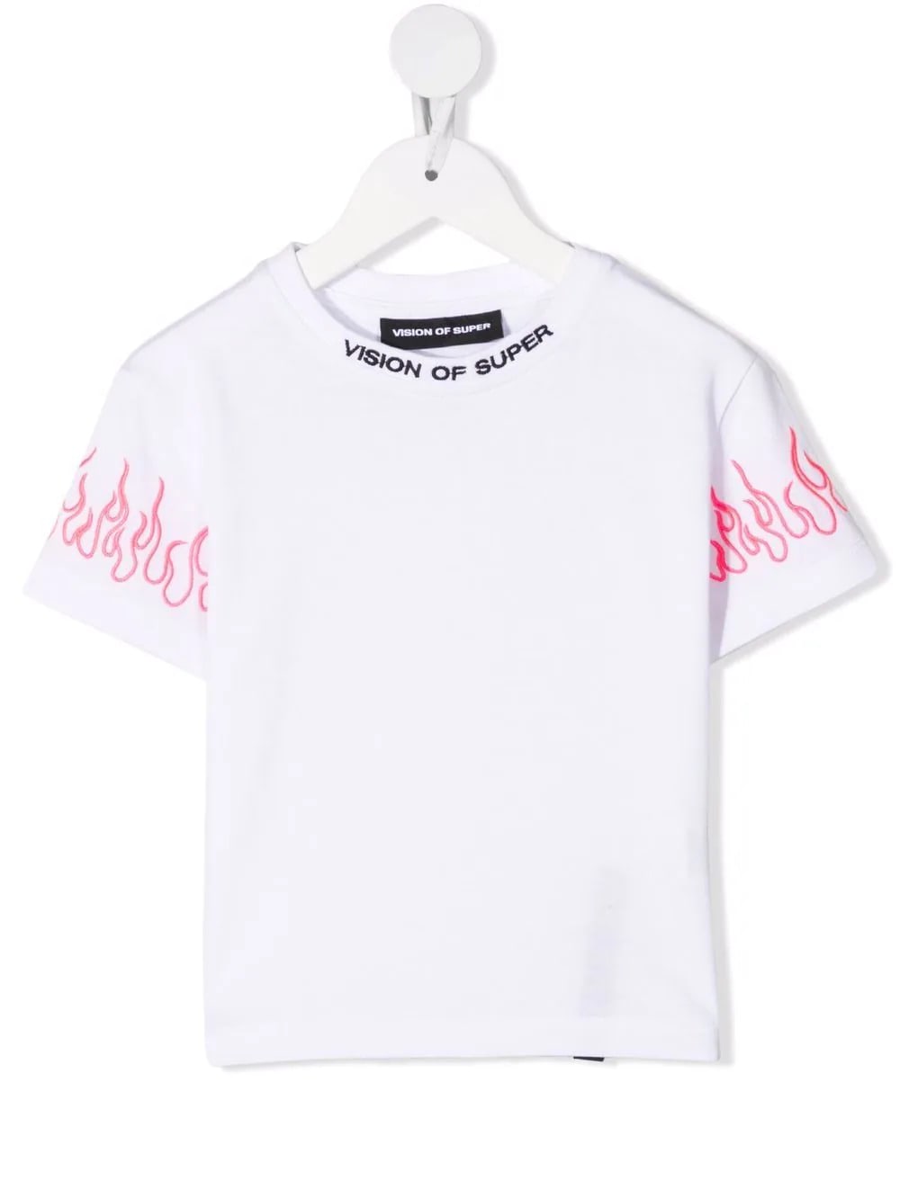 Vision of Super Unisex Kid White T-shirt With Embroidered Pink Flames