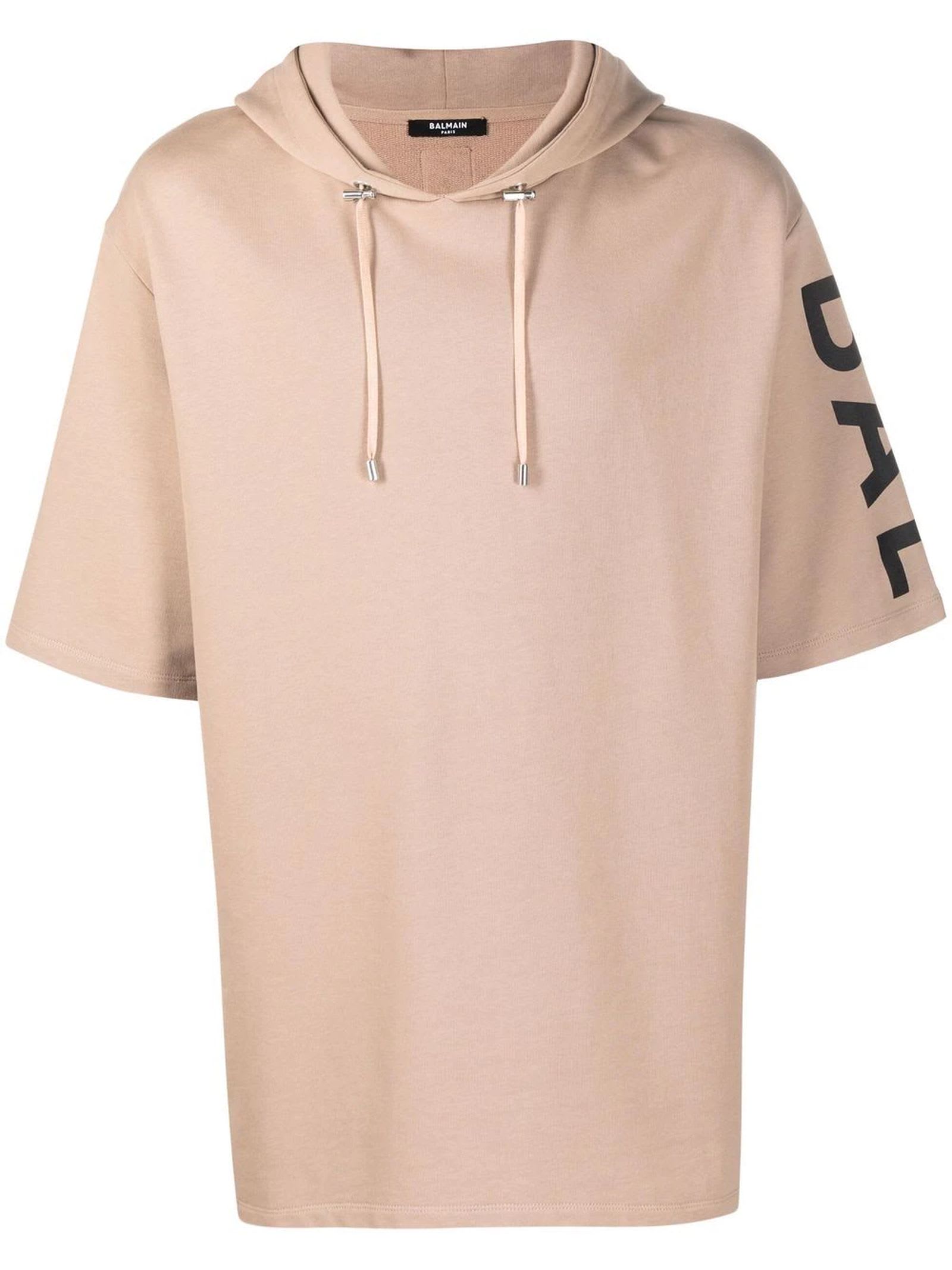 Balmain Oversized Sand-colored Cotton Hooded Sweatshirt