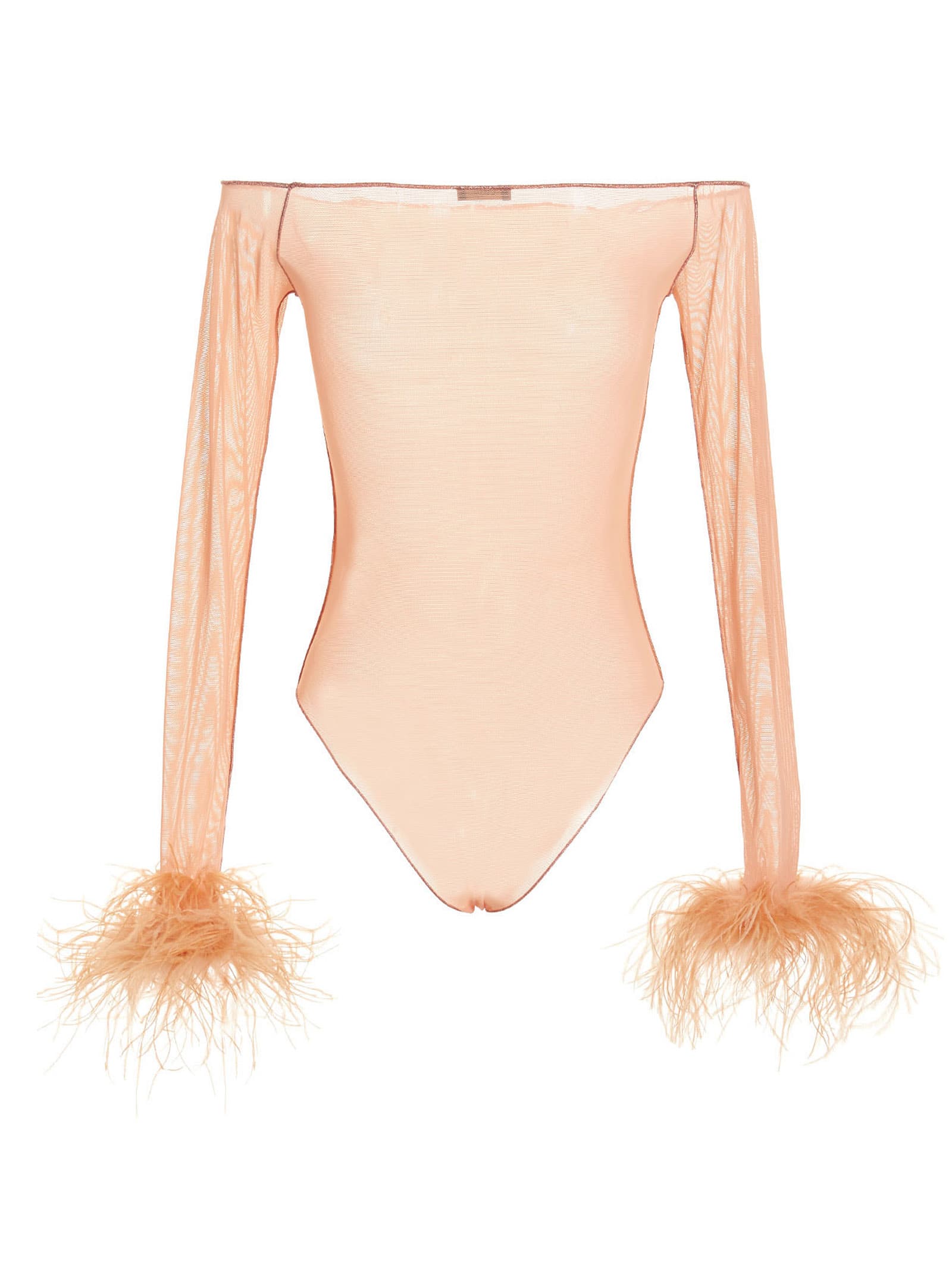 Shop Oseree Feather Transparent Mesh Bodysuit In Pink