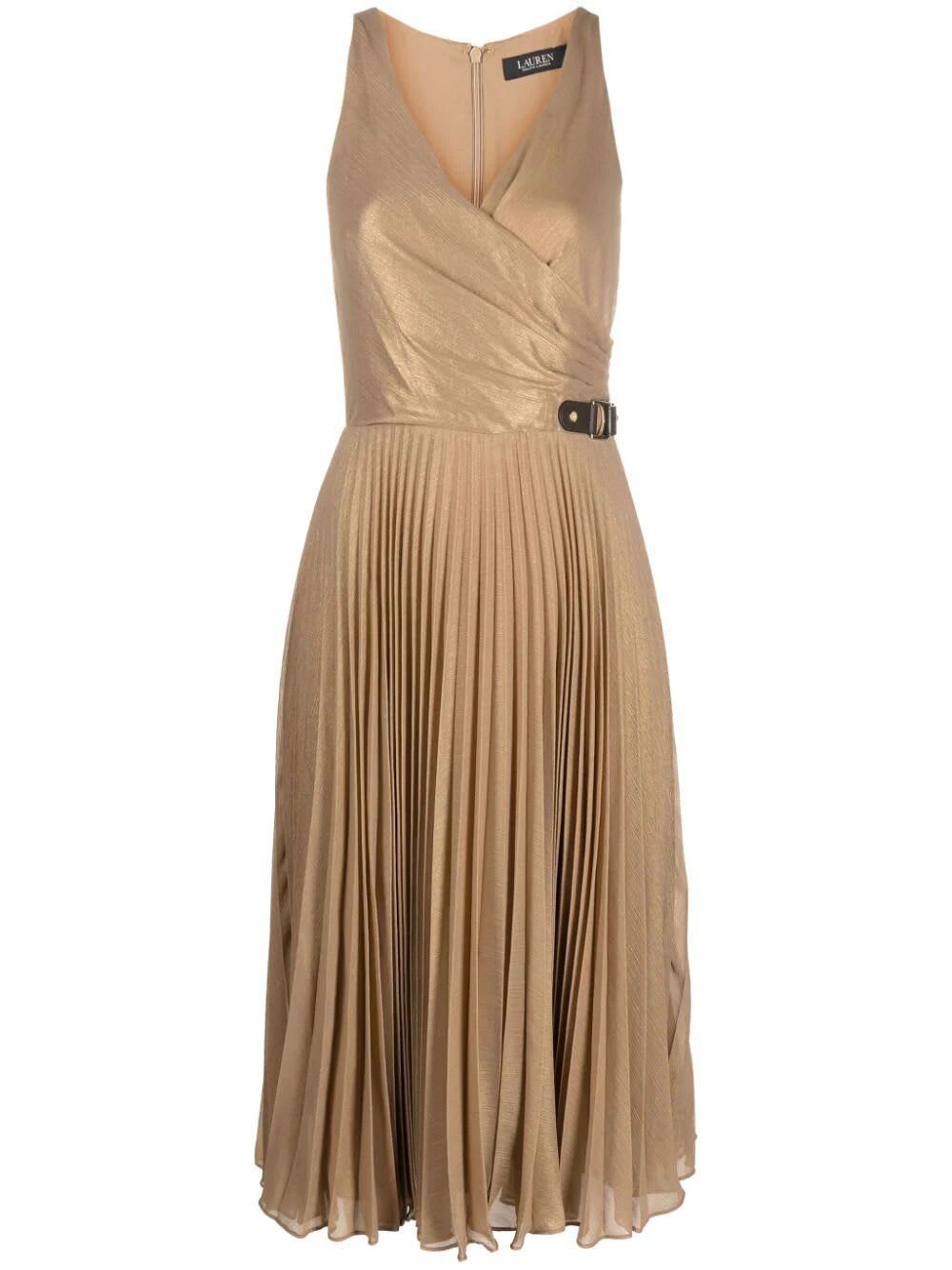 Ralph Lauren Dreshawn Sleeveless Cocktail Midi Dress In Classic Camel Gold Foil