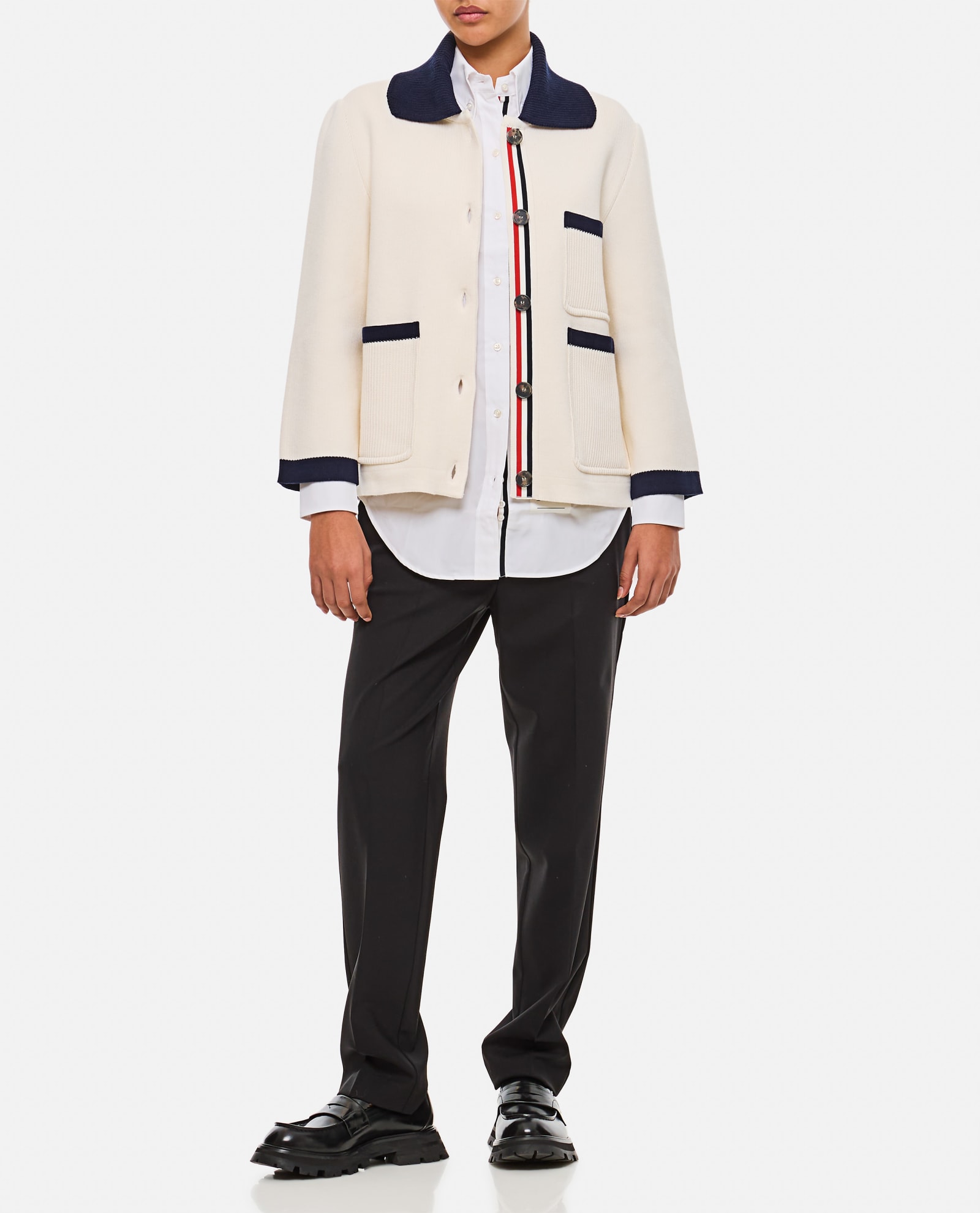 Shop Thom Browne Polo Collar Cotton And Cashmere Jacket In White