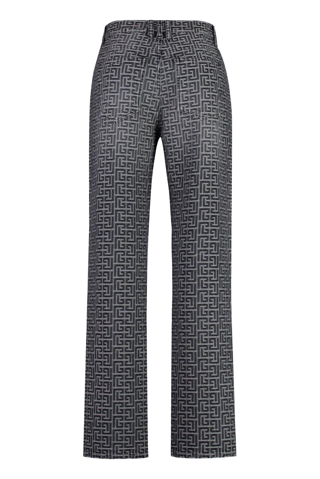 Shop Balmain Monogrammed Jacquard Denim Jeans In Grey