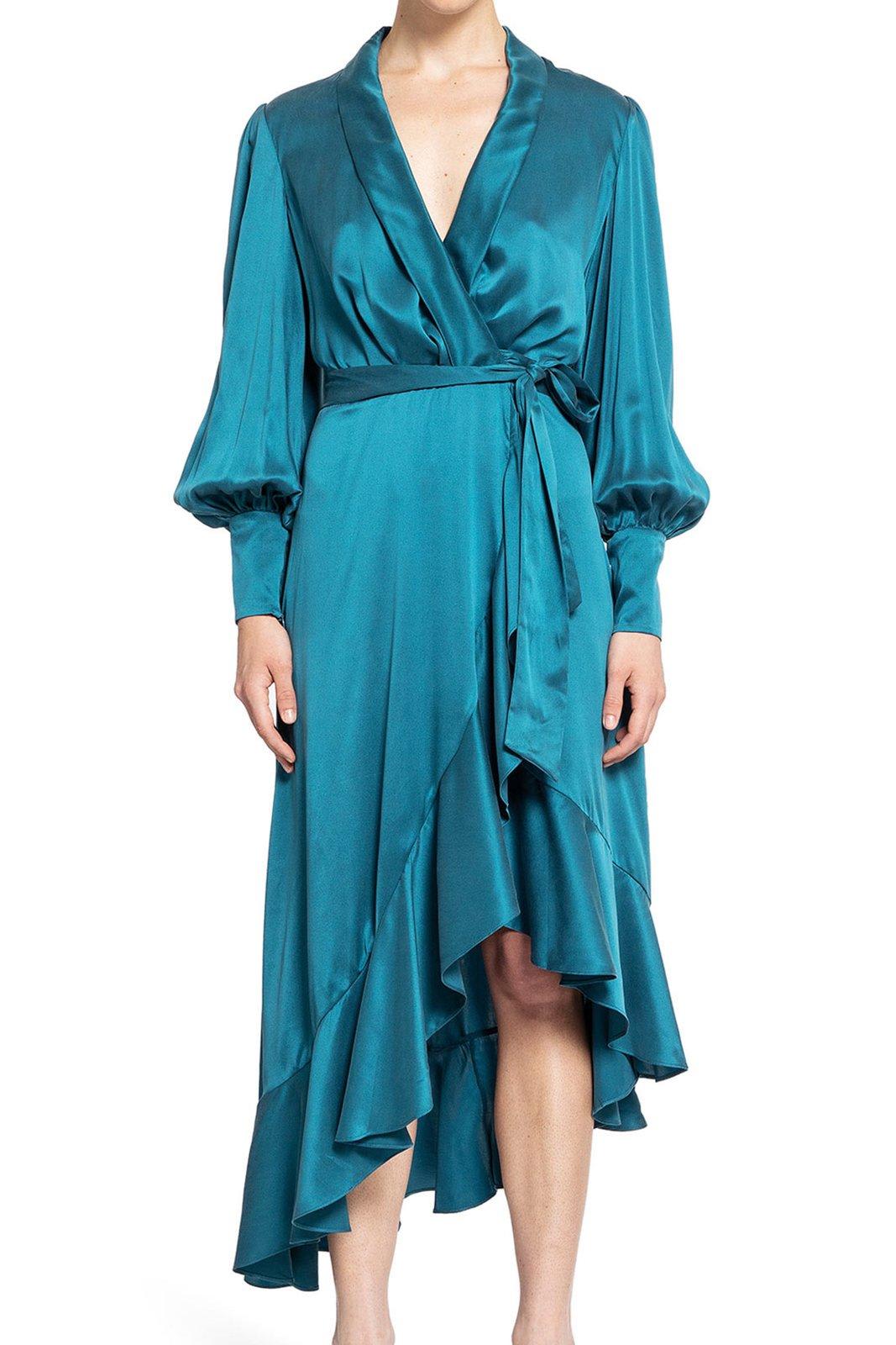 Asymmetric Ruffled Midi Wrap Dress