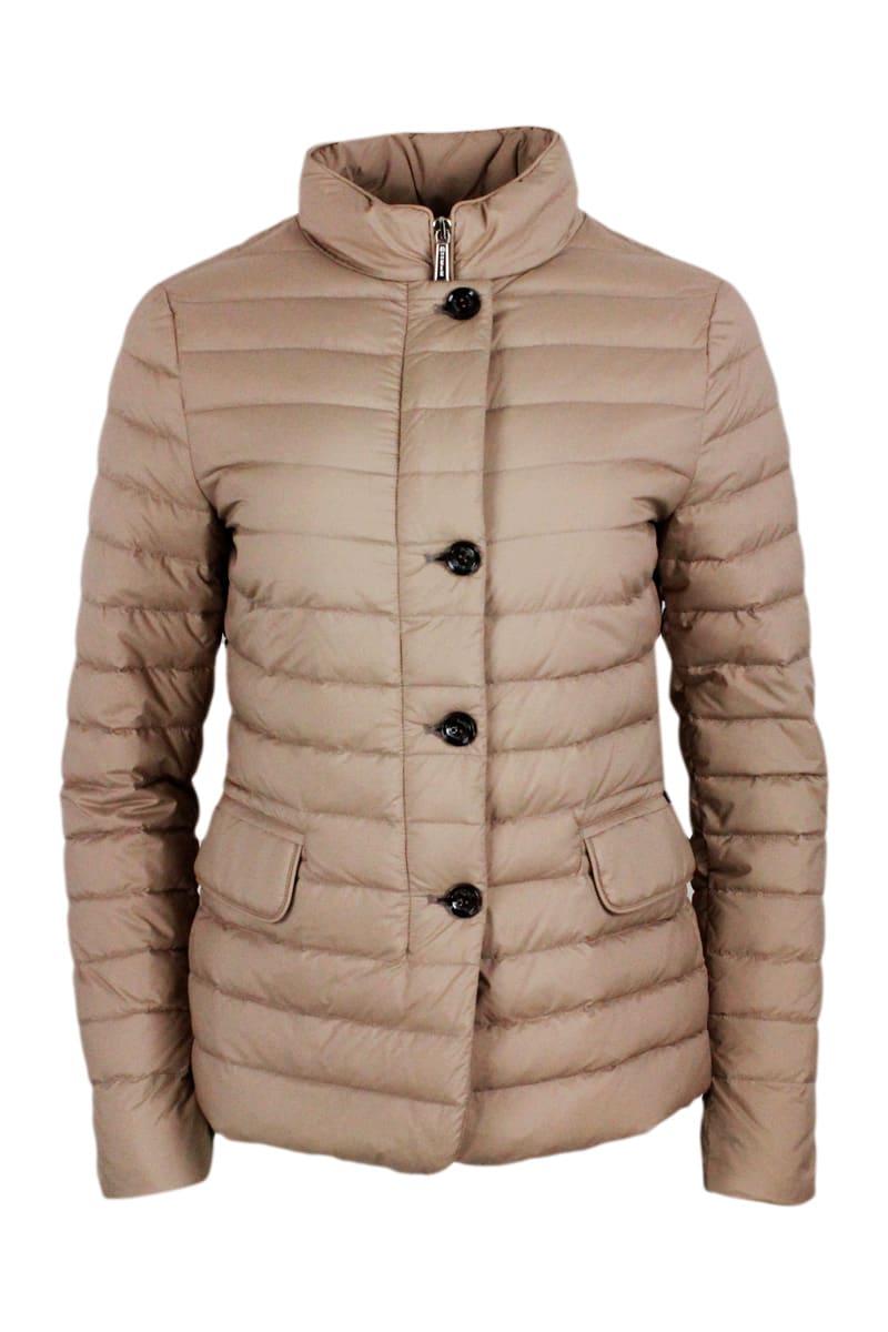 Shop Moorer Light Down Jacket With Zip And Button Closure With Front Flap Pockets In Hazelnut