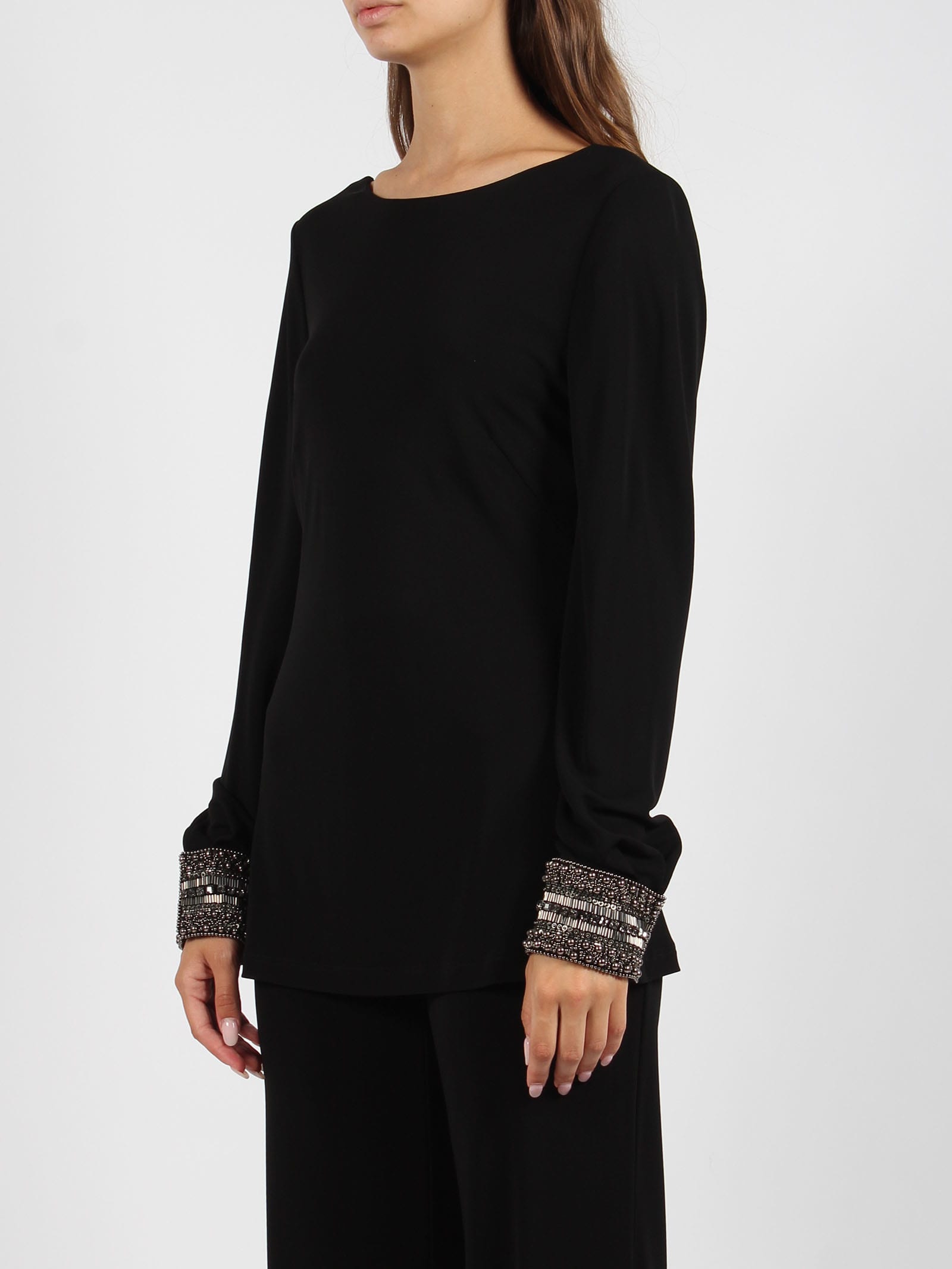 Shop Alberta Ferretti Embroidered Cuffs Jersey Top In Black