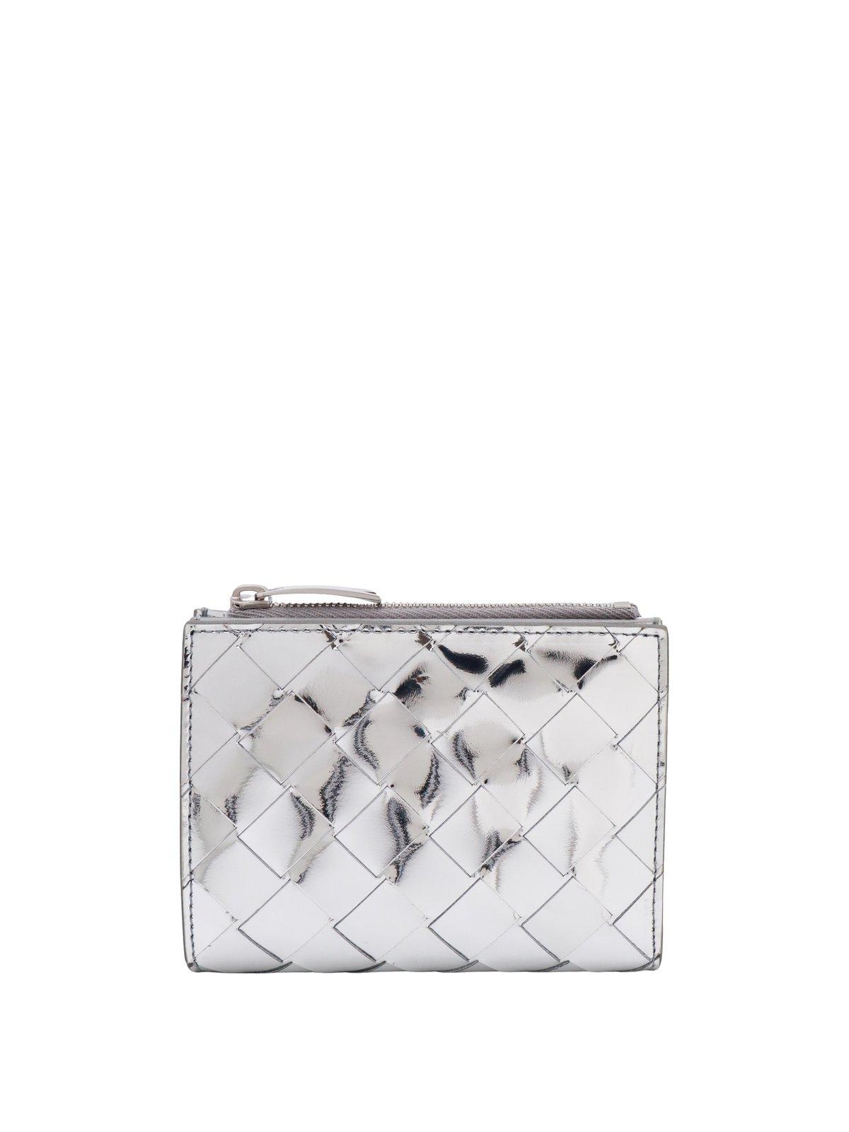 Shop Bottega Veneta Metallic Woven Zip-up Wallet In Silver-silver