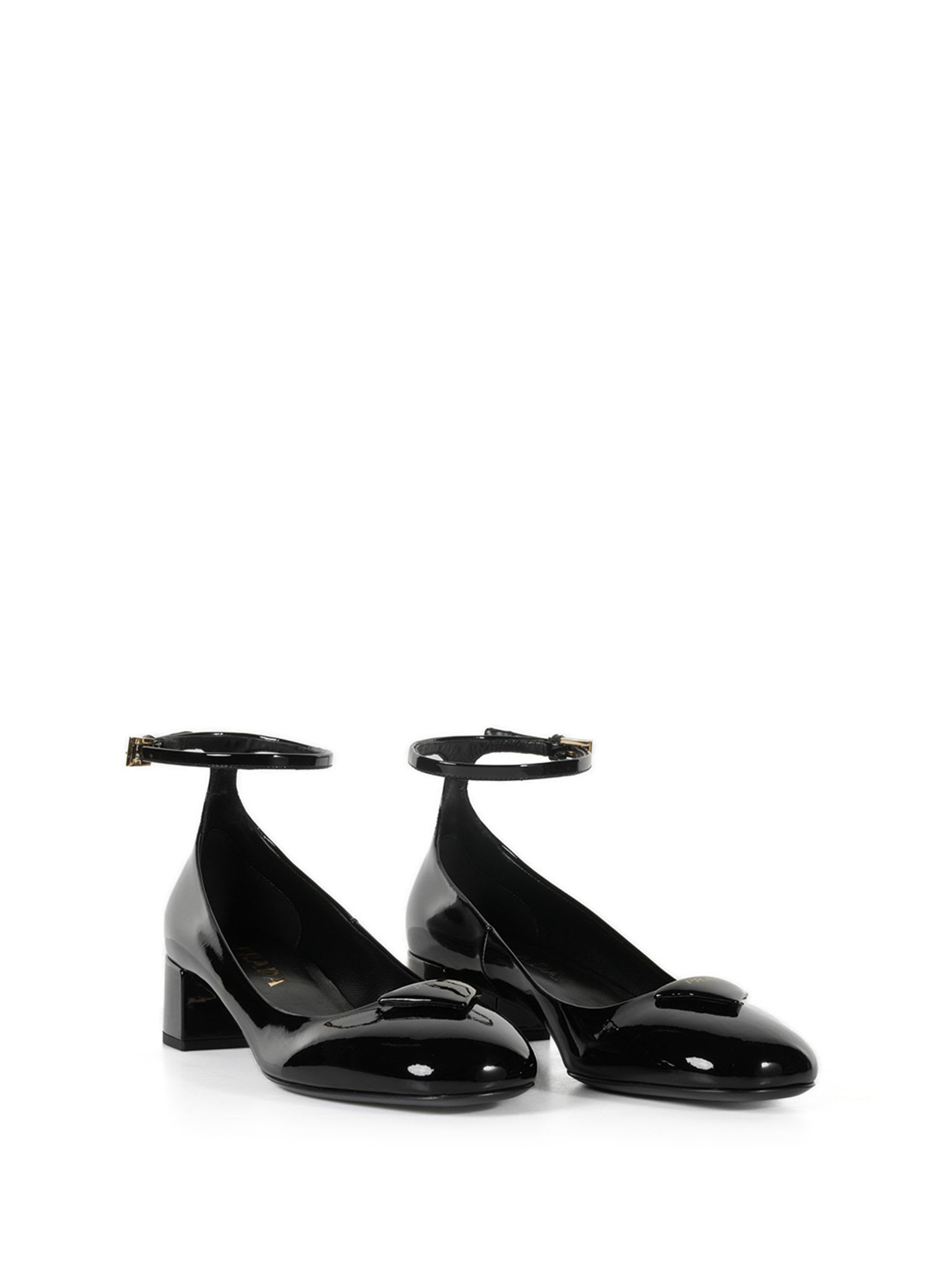 Prada Leather Pumps With Logo And Strap In Nero