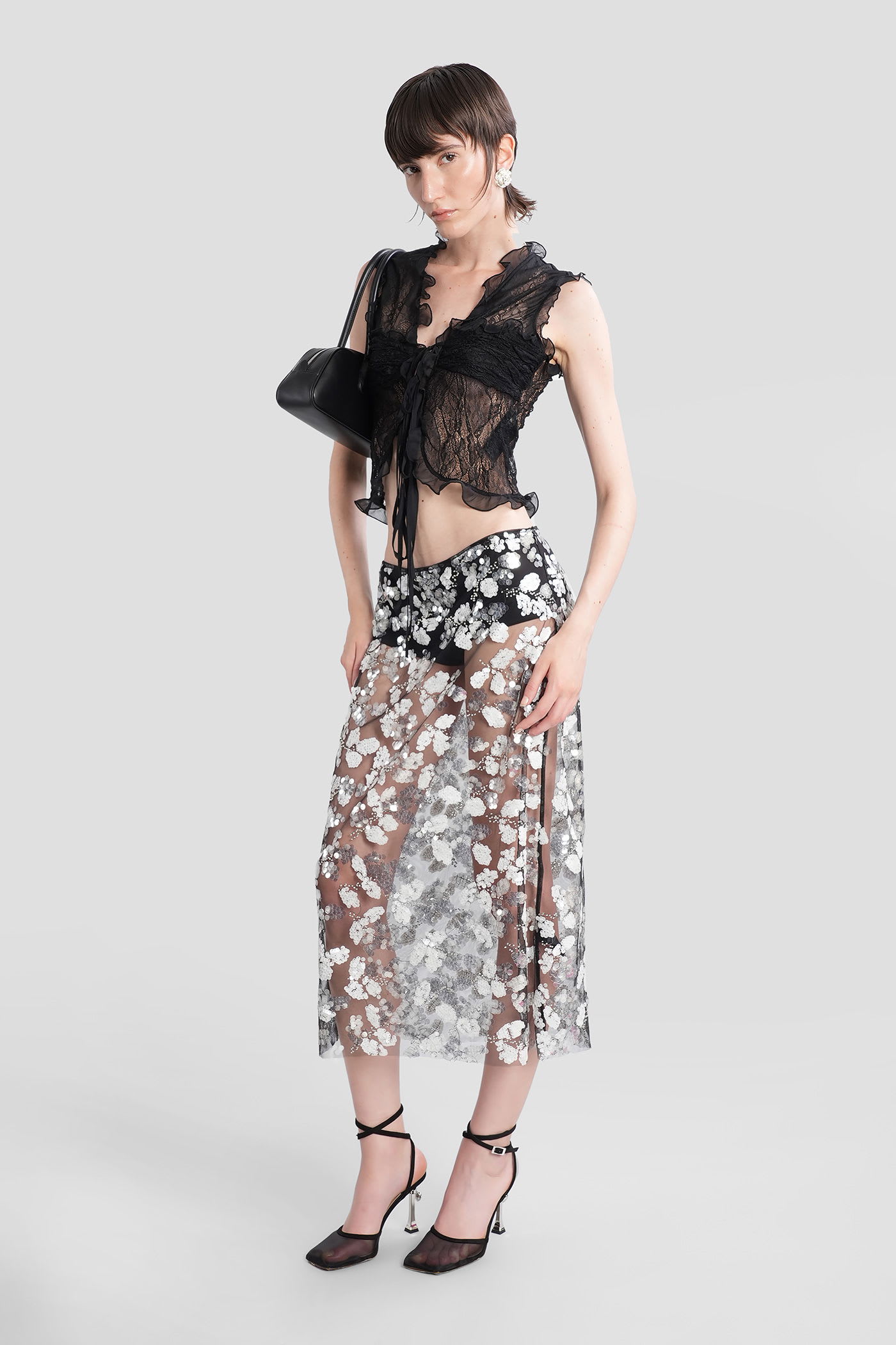 Siedres Wells Sequin-embellished Mesh Midi Skirt In Black