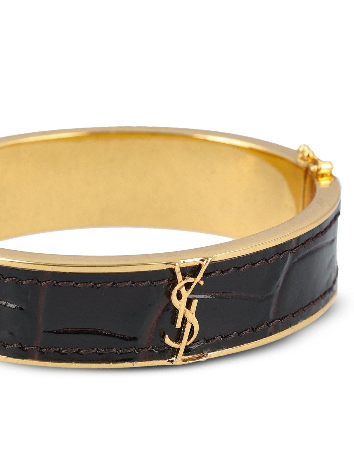 Shop Saint Laurent Cassandre Logo Plaque Bracelet In Fondente