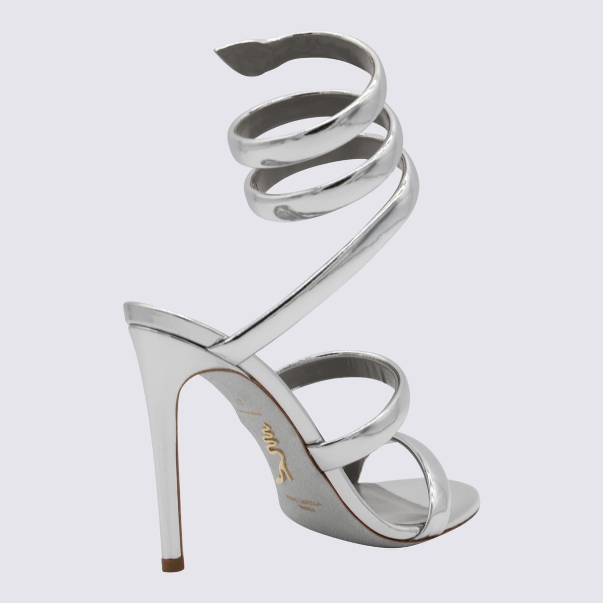 Shop René Caovilla Silver Tone Leather Cleo Sandals