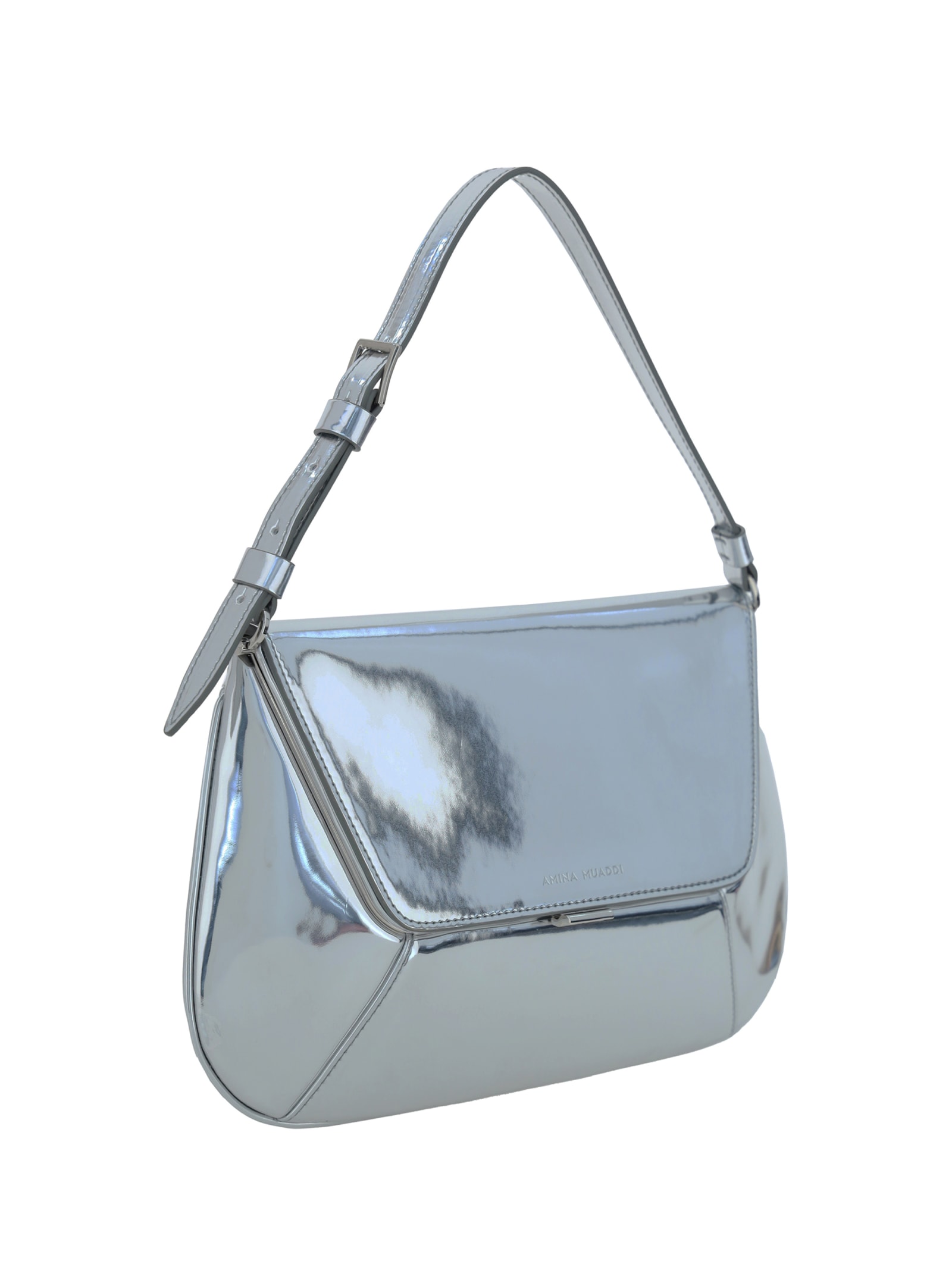 Shop Amina Muaddi Ami Handbag In Mirror Silver + Silver Hardware