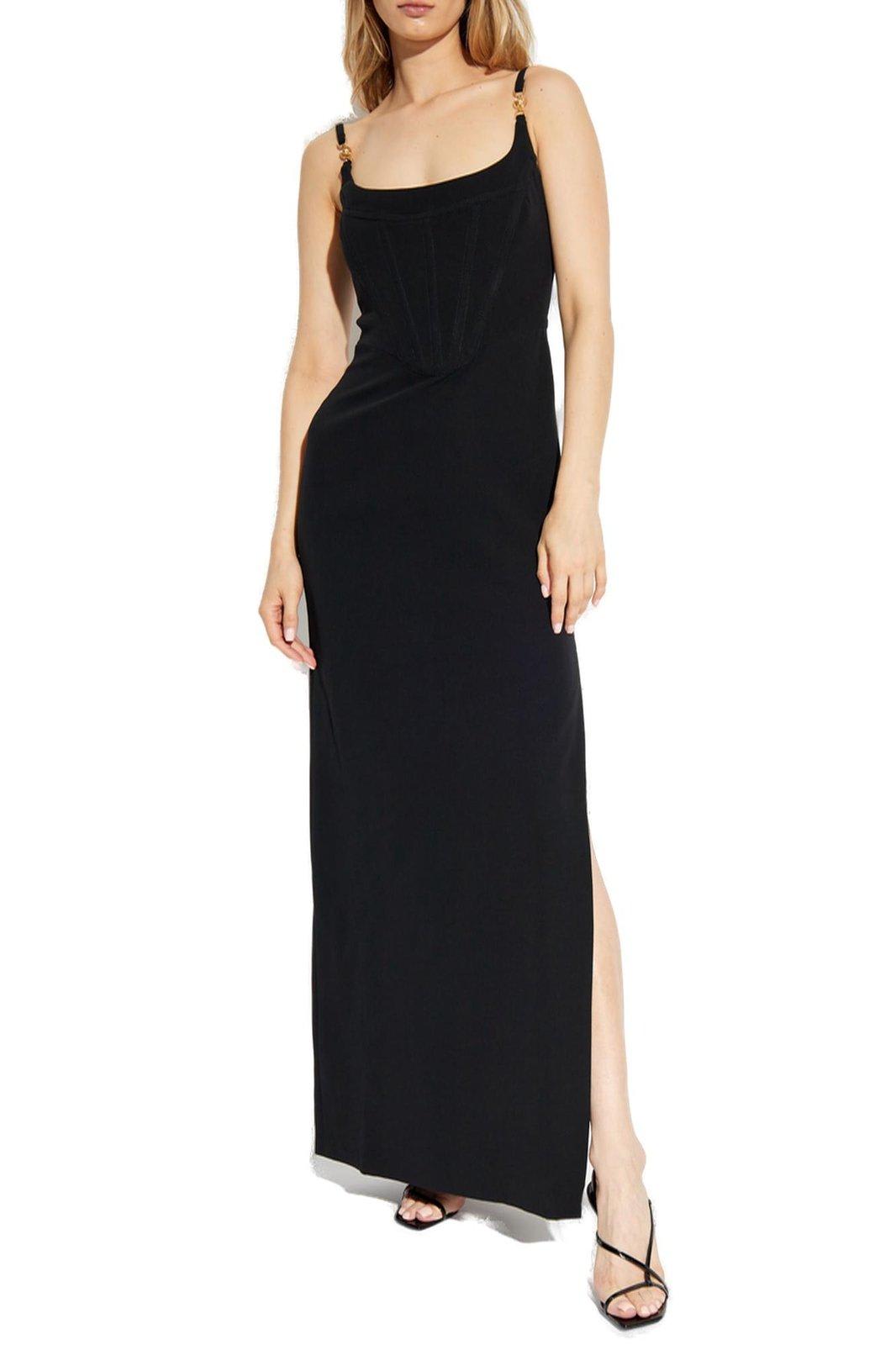 Shop Versace Spaghetti Strap Slit-detailed Dress In Black