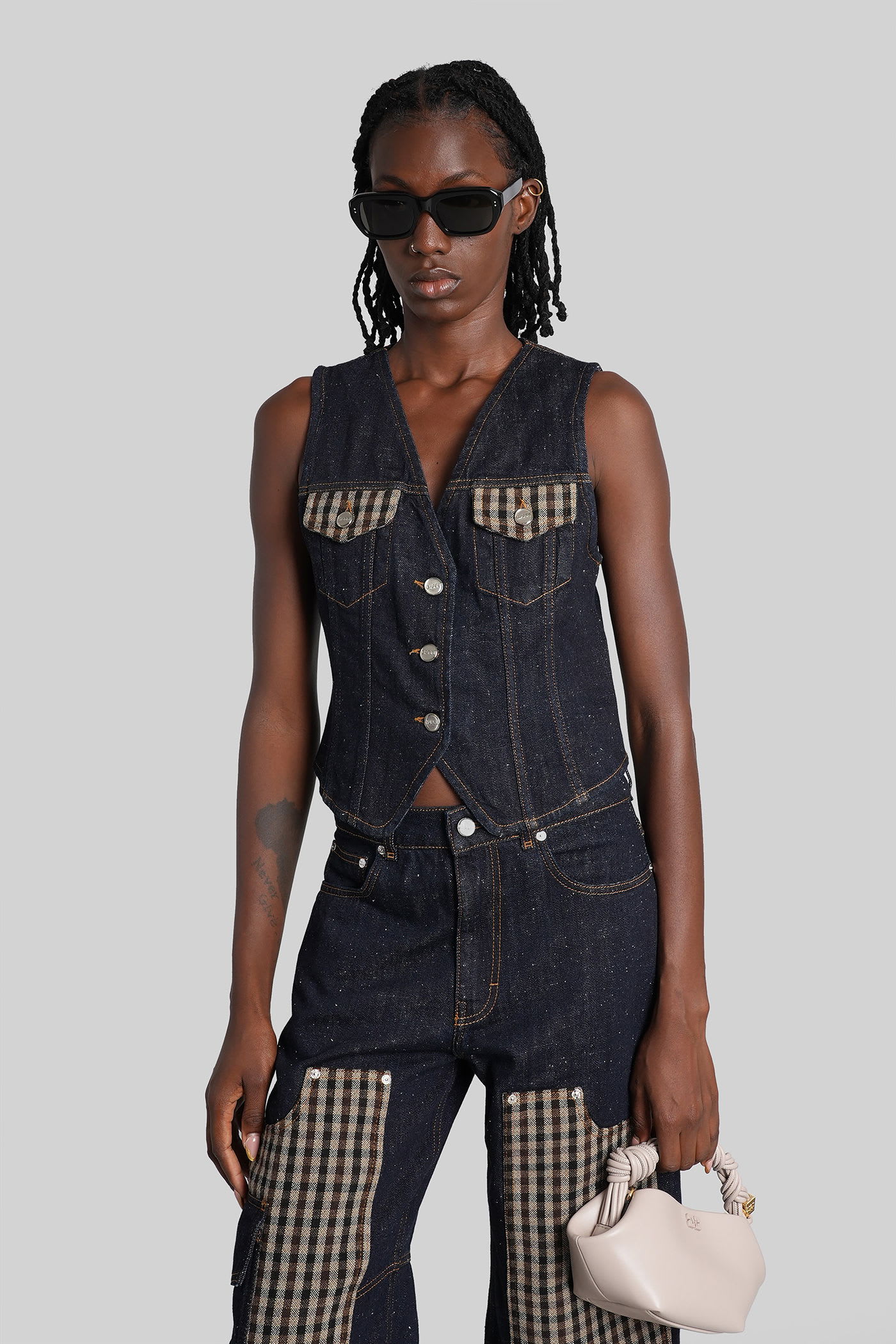 Ganni Neppy Checked Tweed-trimmed Organic Denim Vest In Blue