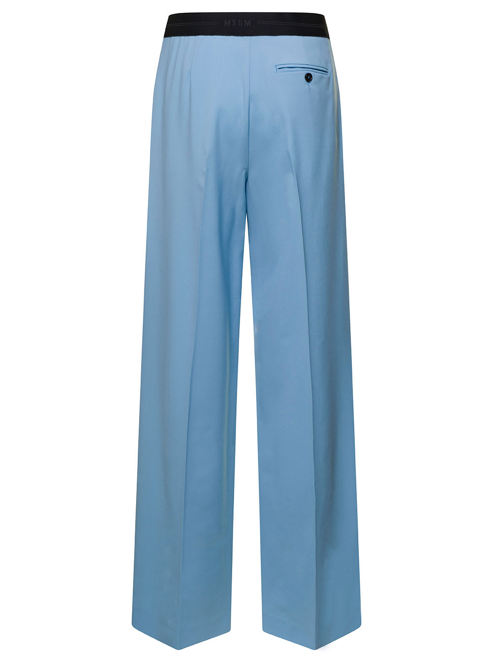 Shop Msgm Light Blue Wide Leg Trousers With Logo Waistband In Wool Woman