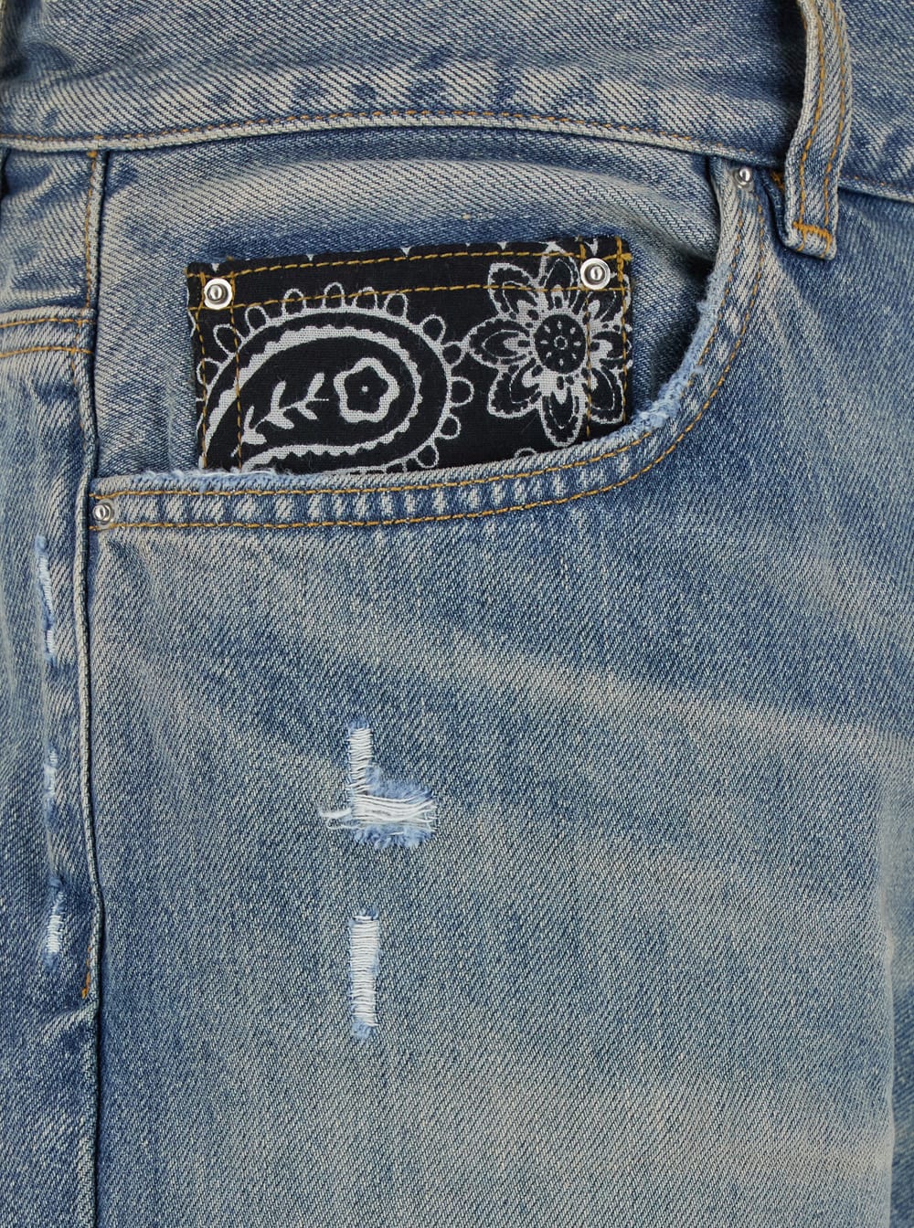 Shop Amiri Light Blue Jeans With Rips And Bandana Detail In Denim Man