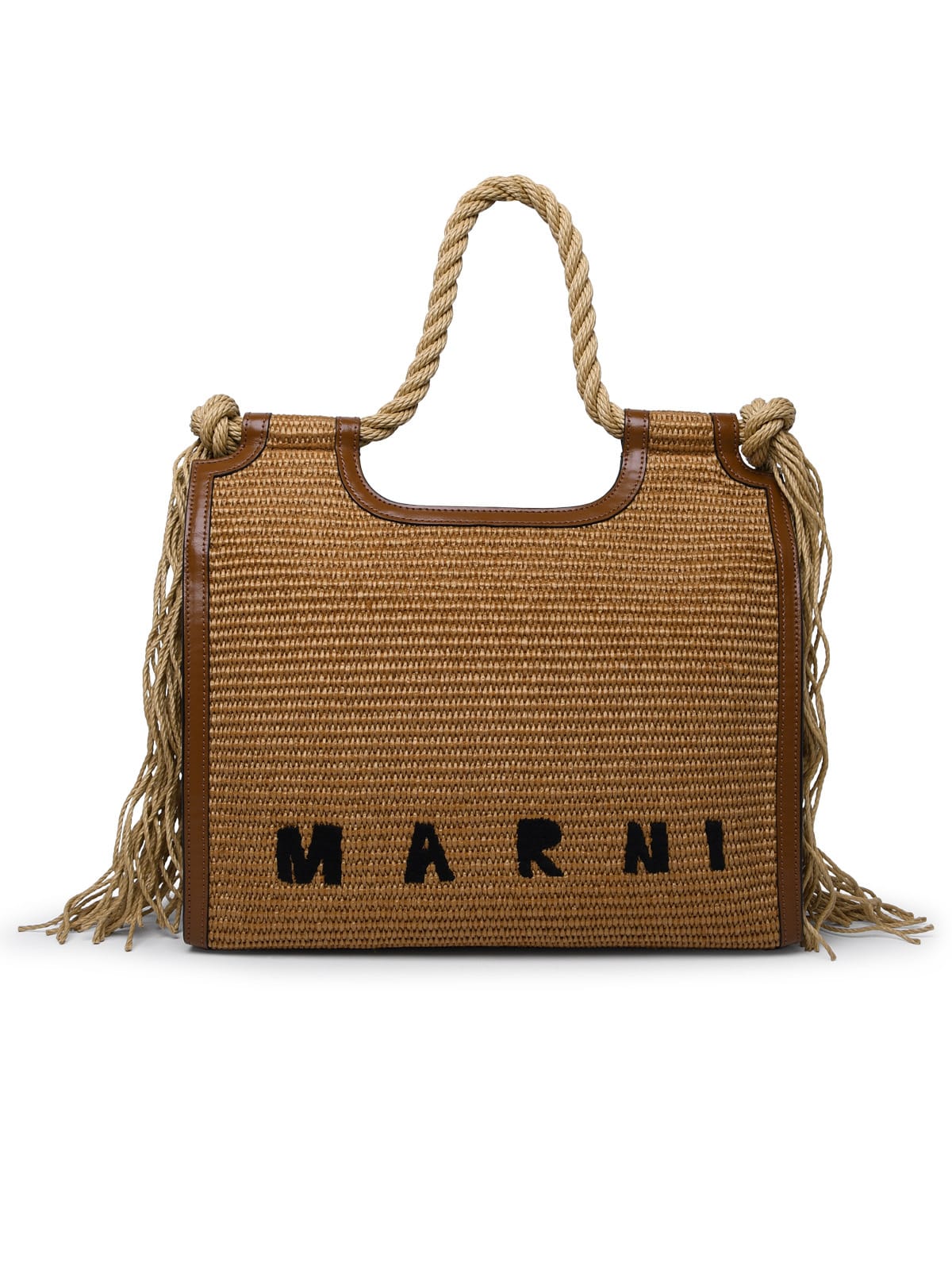 Shop Marni Marcel Summer Brown Leather And Fabric Bag In Natural