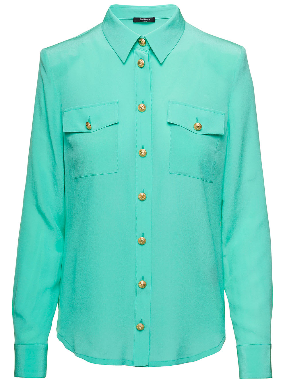 Balmain Light Blue Shirt With Jewel Buttons And Pockets In Crepe De Chine Woman