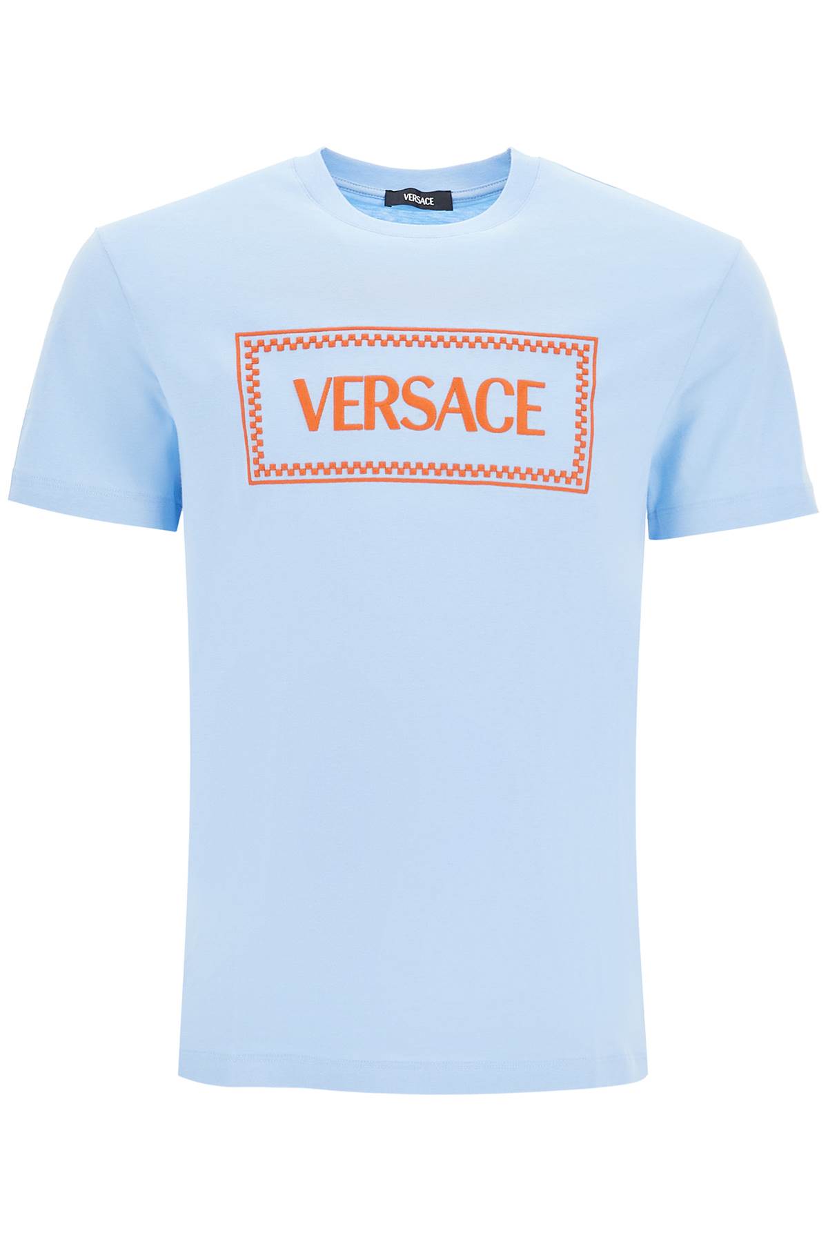 Shop Versace Embroidered Logo T-shirt In Blue Hydrangea (light Blue)