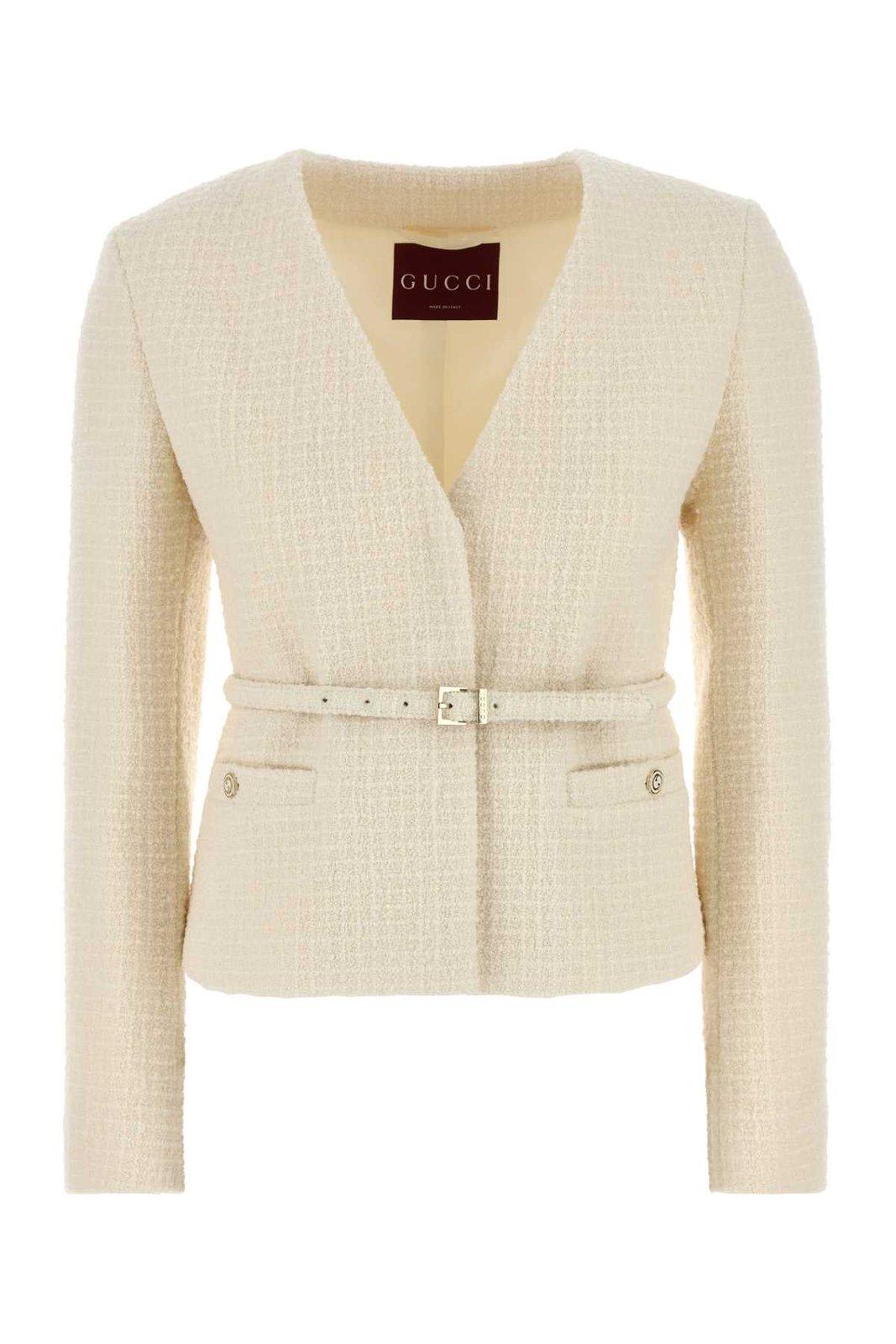 Shop Gucci V-neck Damier Bouclé Jacket In White