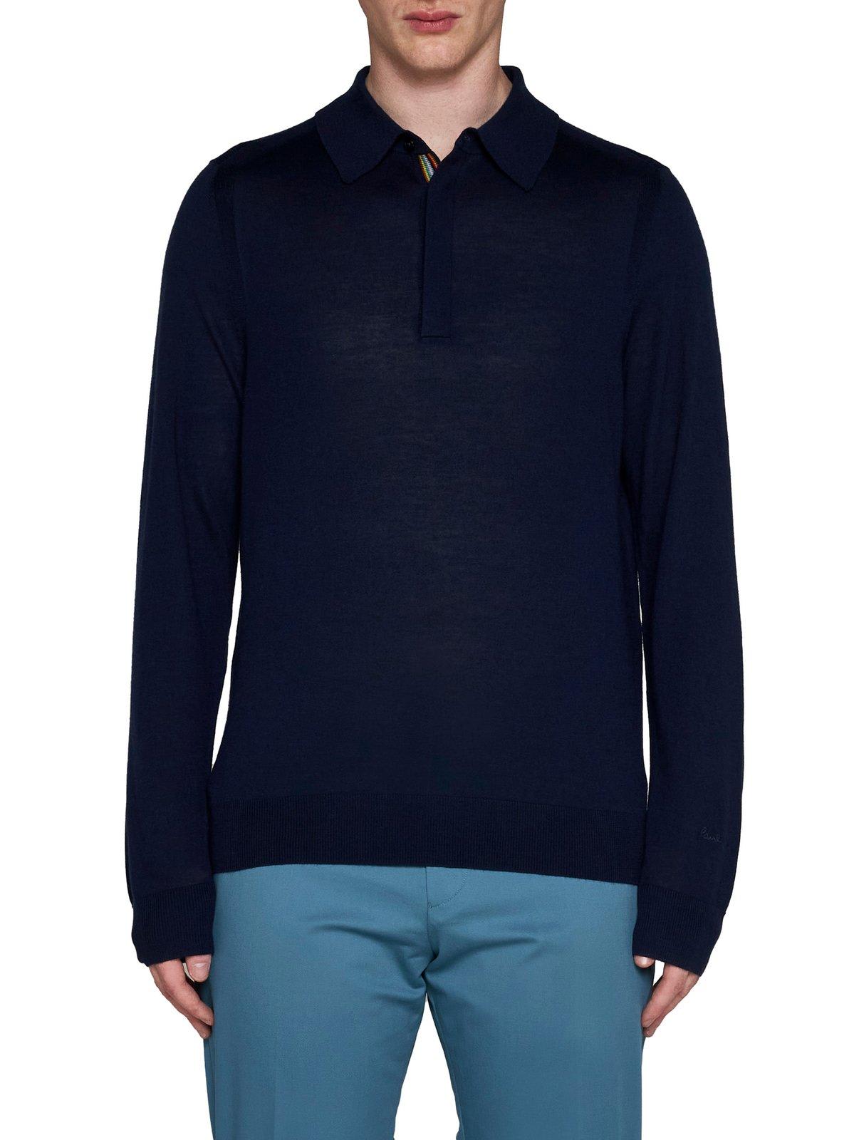 Shop Paul Smith Long-sleeved Knit Polo Shirt In Blue