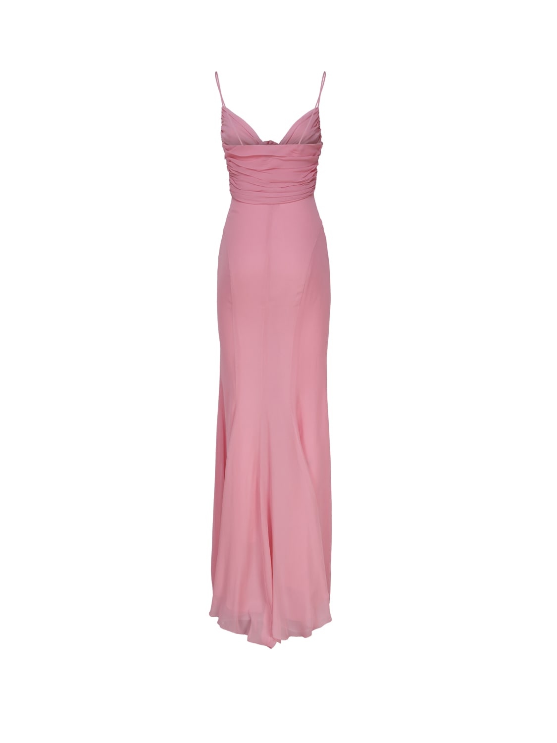 Shop Blumarine Long Silk Dress With Draping And Decorative Rose In Pink Geranio
