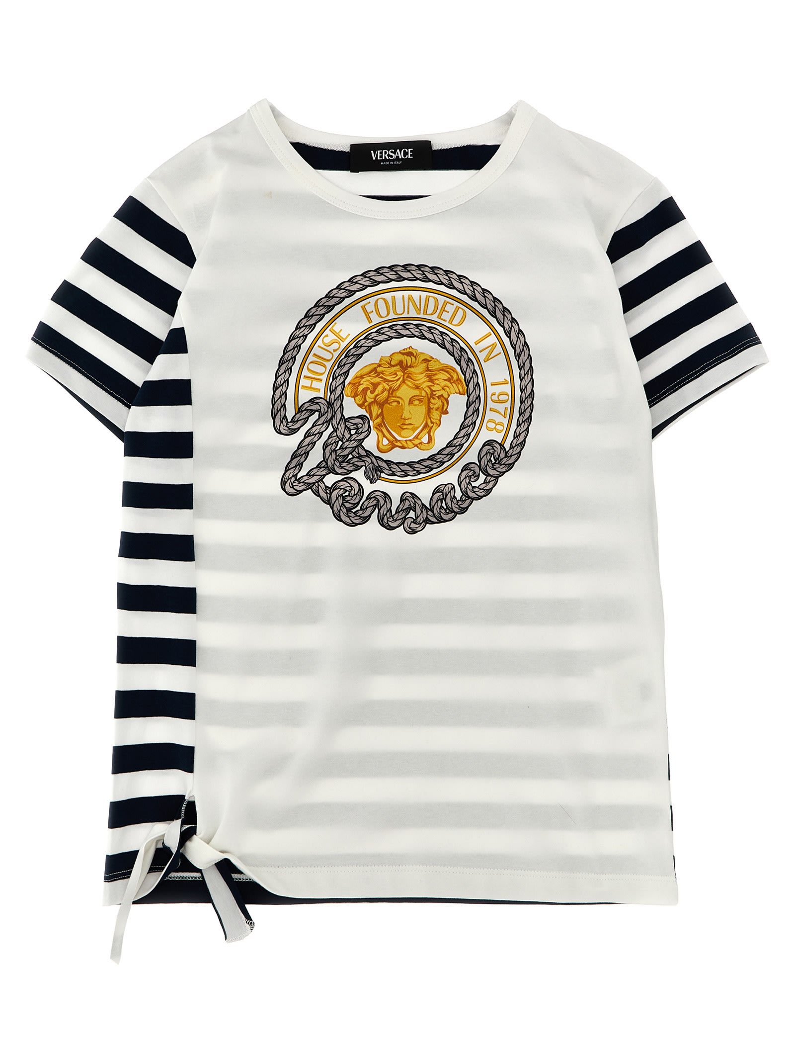 Versace Kids' Logo Stripes T-shirt In Bianco