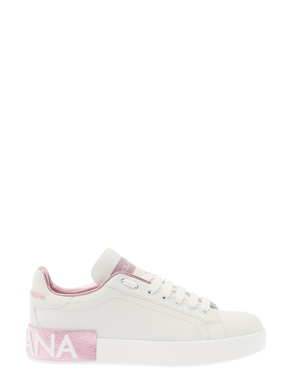 Dolce & Gabbana Portofino White And Pink Low Top Sneakers With Logo In Leather Woman